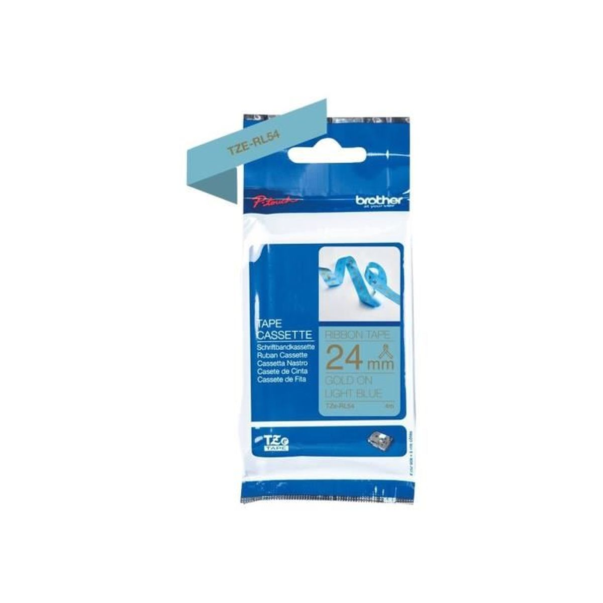 Kassettenverpackung. Text: Kassettenband, Gold auf Hellblau, 24mm Breite, hellblaues Etikett.