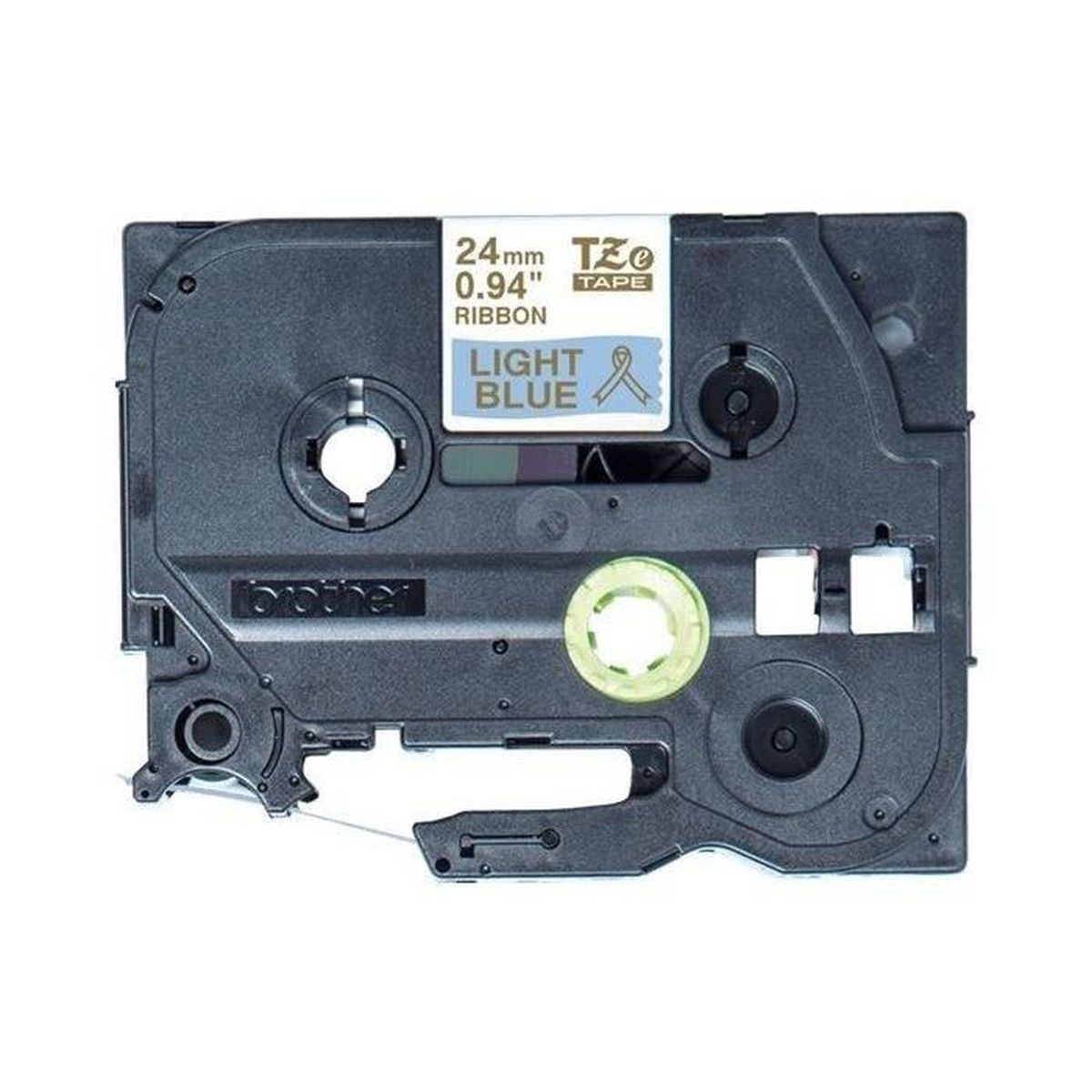 Hellblaue Brother Etikettenbandkassette mit schwarzen und grauen Elementen. Text weist 24mm und 0,94" aus.