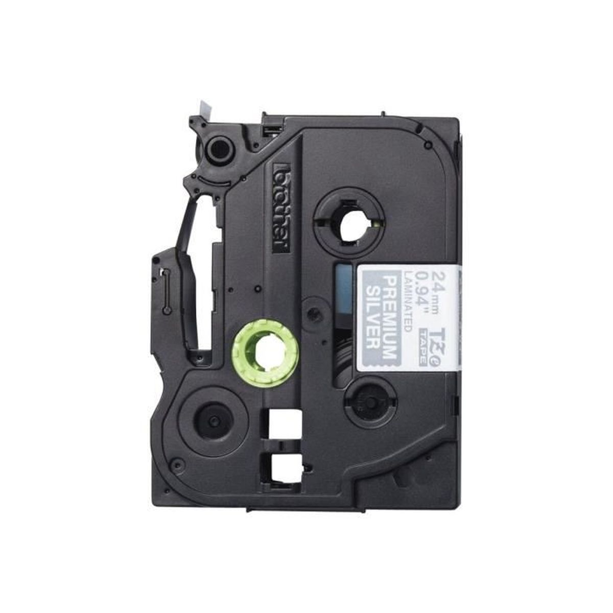 Czarny wkład do drukarki etykiet Brother z laminowaną taśmą srebrną.