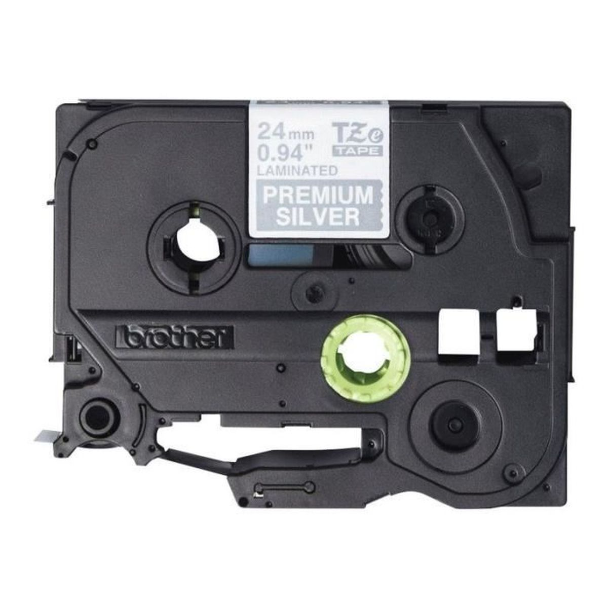 Czarny wkład do etykieciarki Brother z srebrną taśmą, pokazujący 'Premium Silver' na etykiecie.