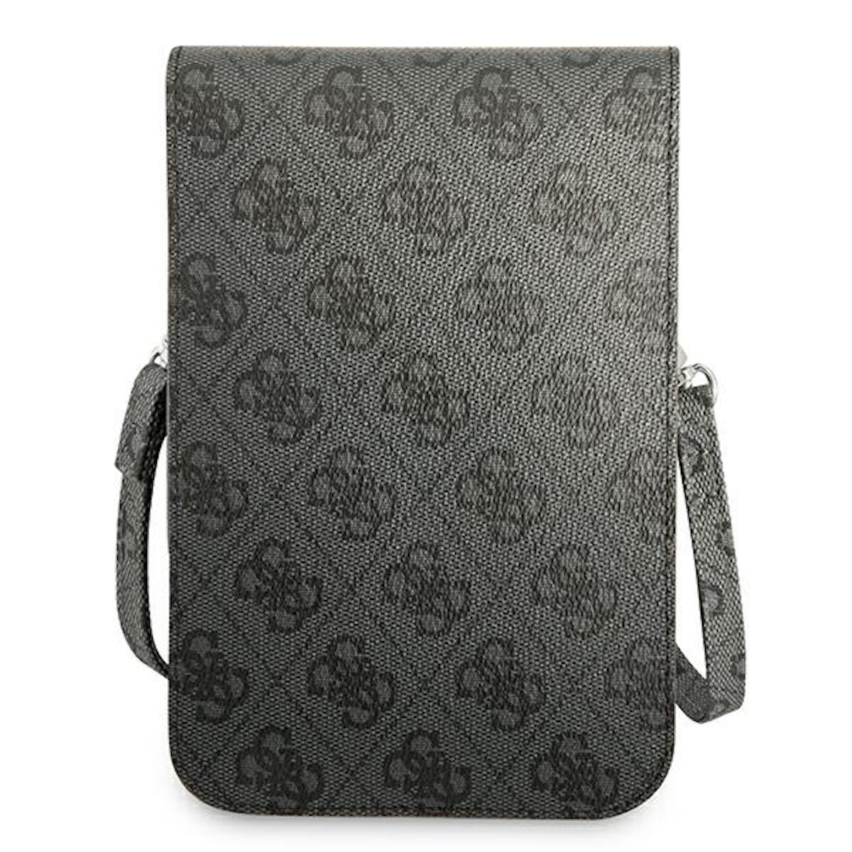 Borsa per telefono Guess grigia con motivo logo ripetuto, tracolla e sfondo bianco.