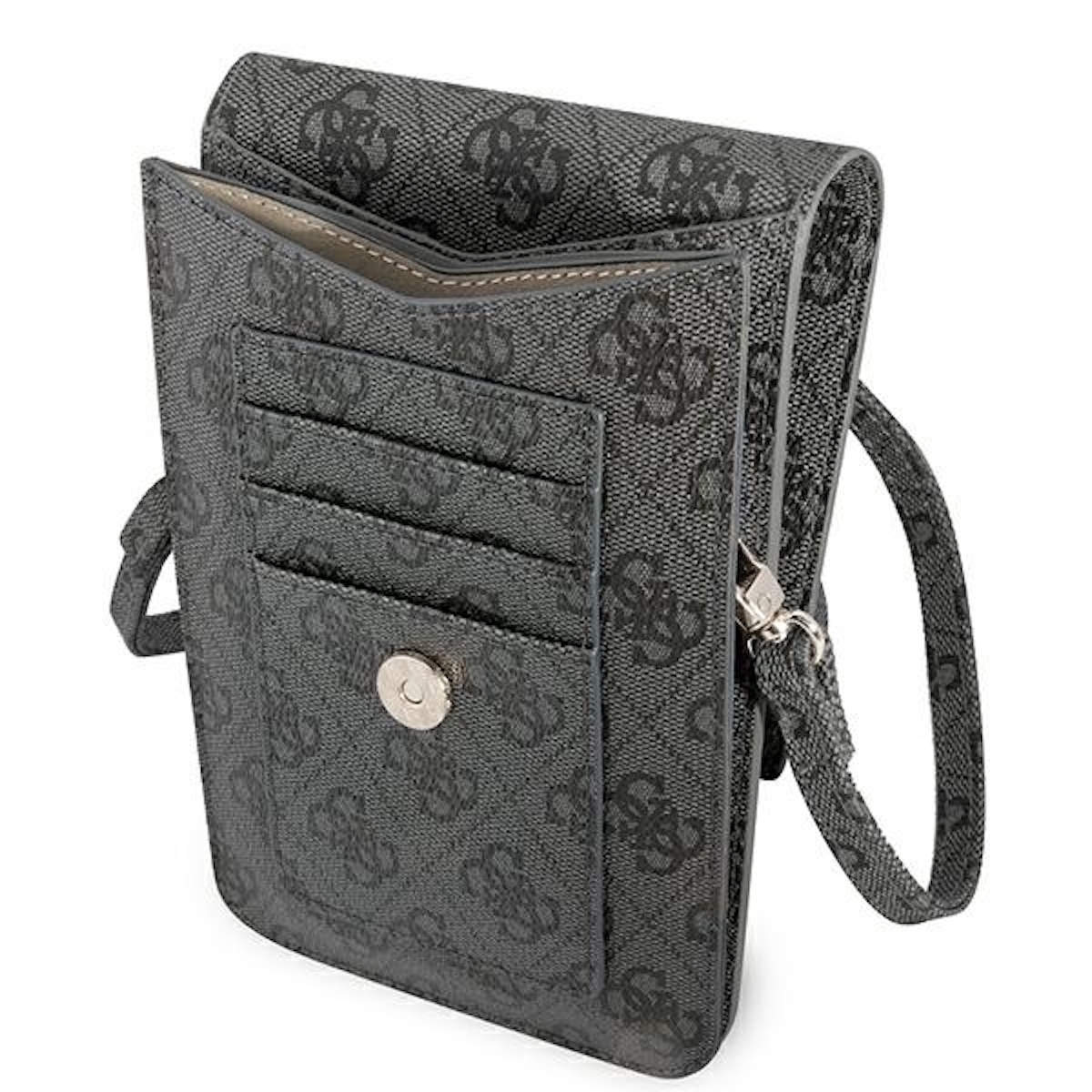 Una borsa per telefono Guess grigio scuro, aperta per mostrare fessure per carte e una piccola tasca. È visibile un fermaglio argentato.