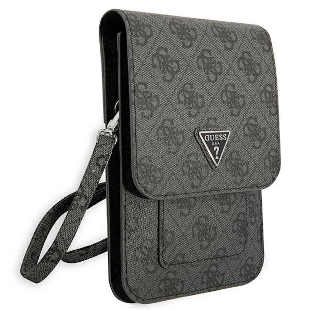 Una custodia per telefono Guess con un motivo a monogramma grigio, un logo Guess e un cinturino.