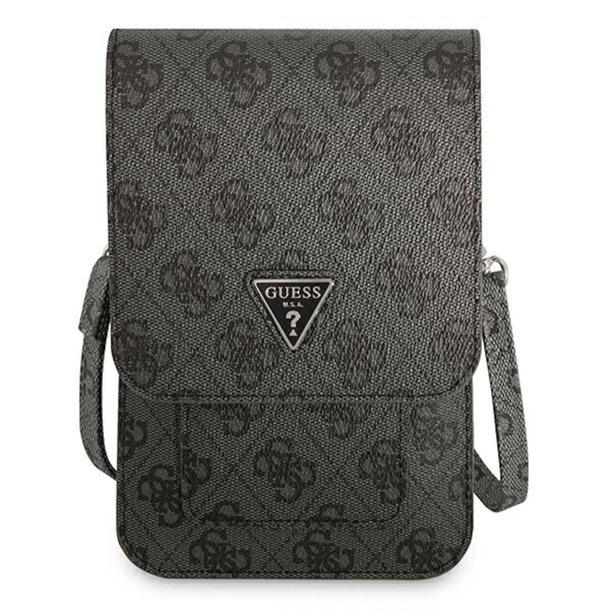 Borsa a tracolla Guess nera con logo stampato, patta e tracolla.