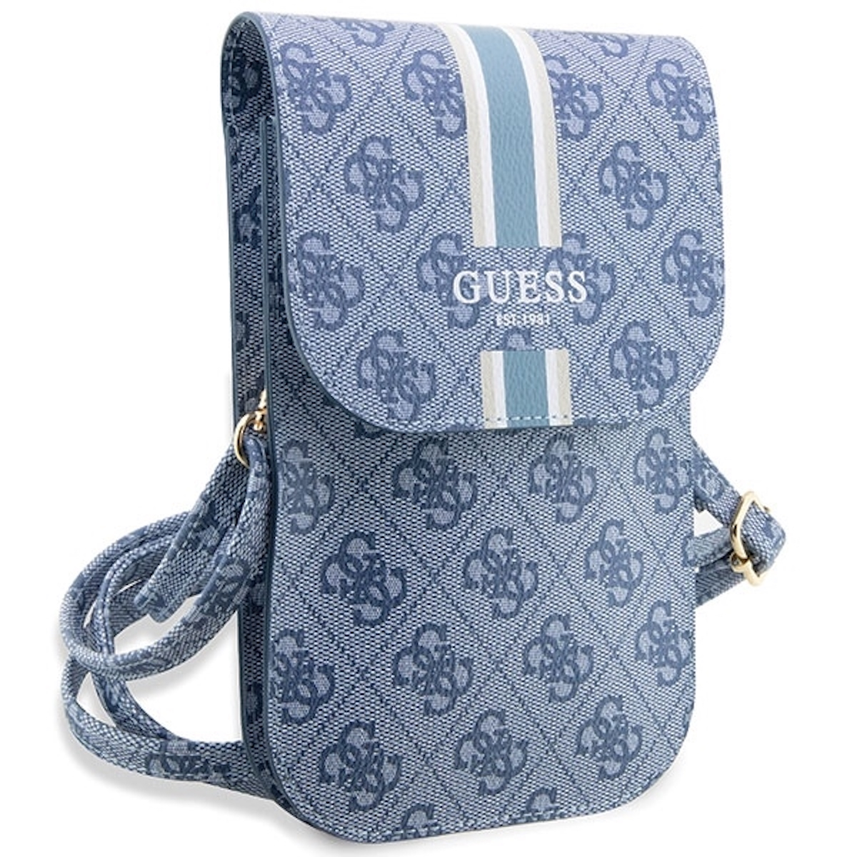 Blaue Guess-Handytasche mit Muster und Riemen.