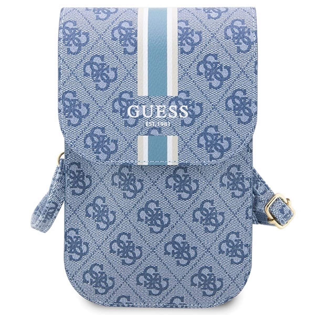 Eine blaue Guess-Handytasche mit weißem Streifen und Guess-Logo. Sie liegt auf weißem Untergrund.