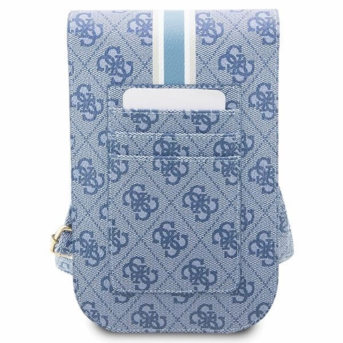 Blaue Guess-Handyhülle. Es hat ein Muster und einen weißen Streifen. Auf weißem Hintergrund.