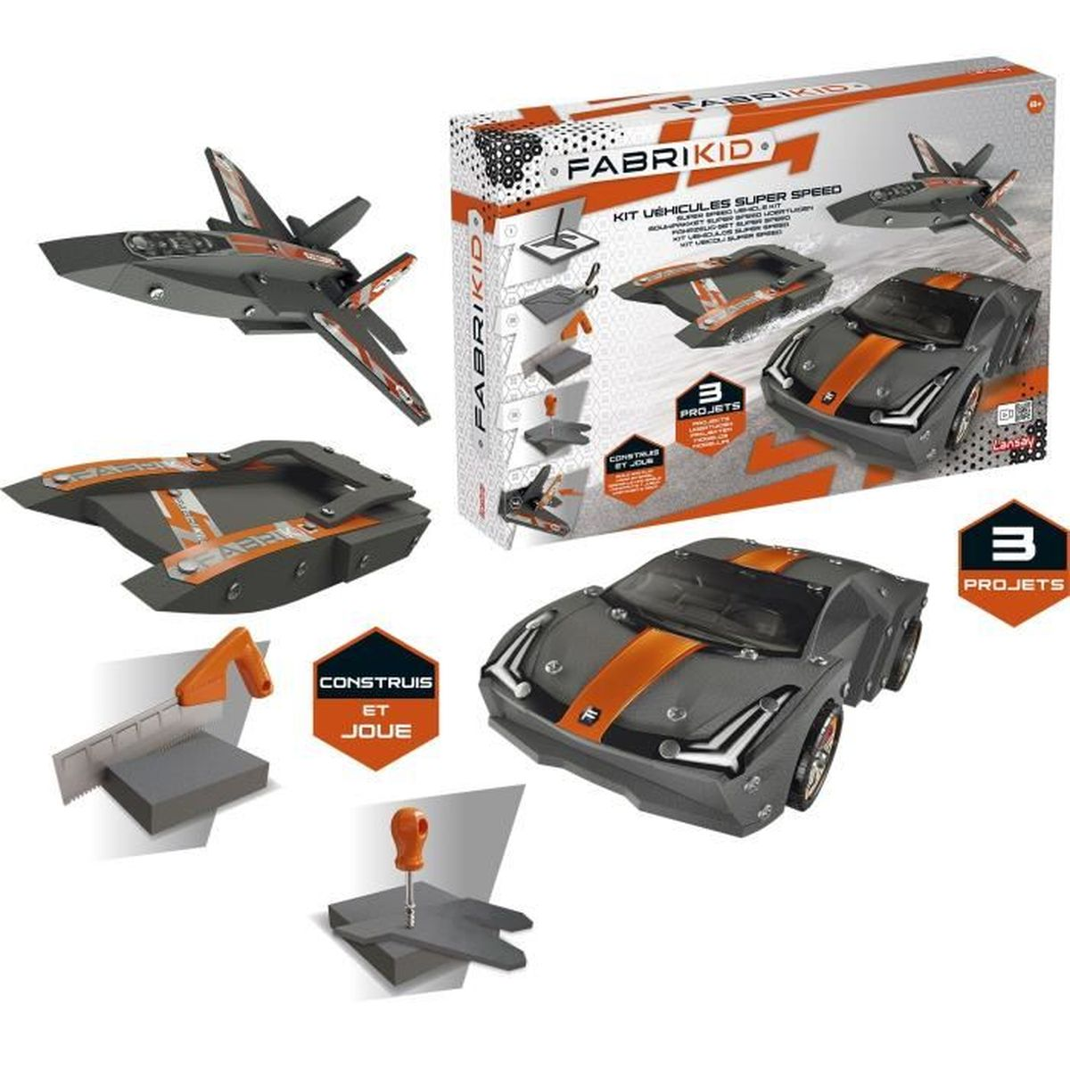 Fabrikid Spielzeugset mit Fahrzeugen, darunter ein Auto und ein Boot, sowie Werkzeuge.