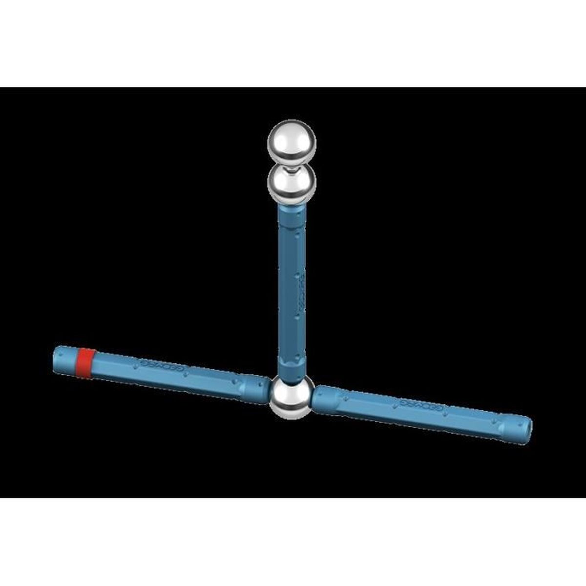 Un giocattolo da costruzione magnetico blu a forma di T. Due sfere argentate collegano i pezzi. Sfondo nero.