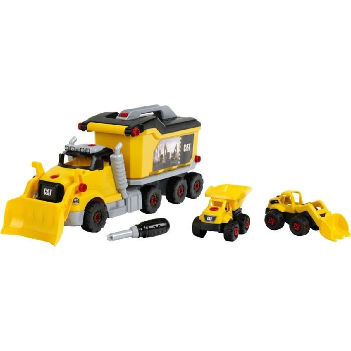 Zabawkowe pojazdy budowlane. Żółta ciężarówka i dwa inne pojazdy oraz śrubokręt.