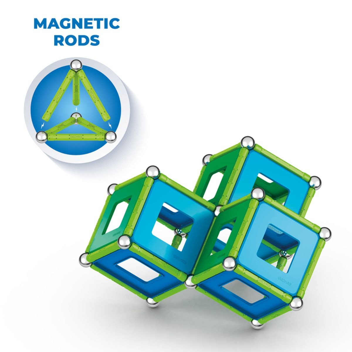 Blocchi magnetici blu e verdi disposti a cubi.
