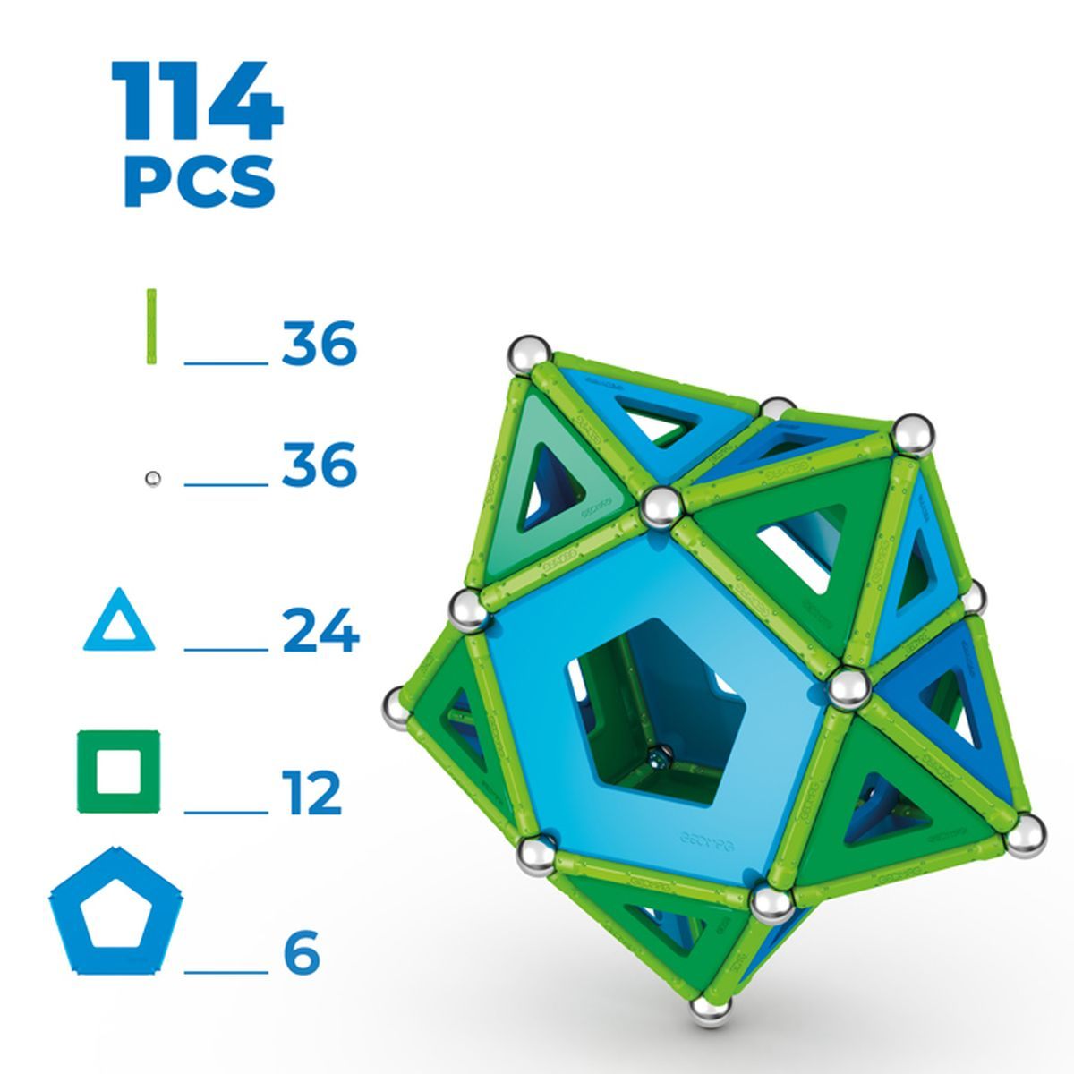 Un giocattolo geometrico con pezzi verdi, blu e bianchi, e un conteggio dei pezzi.