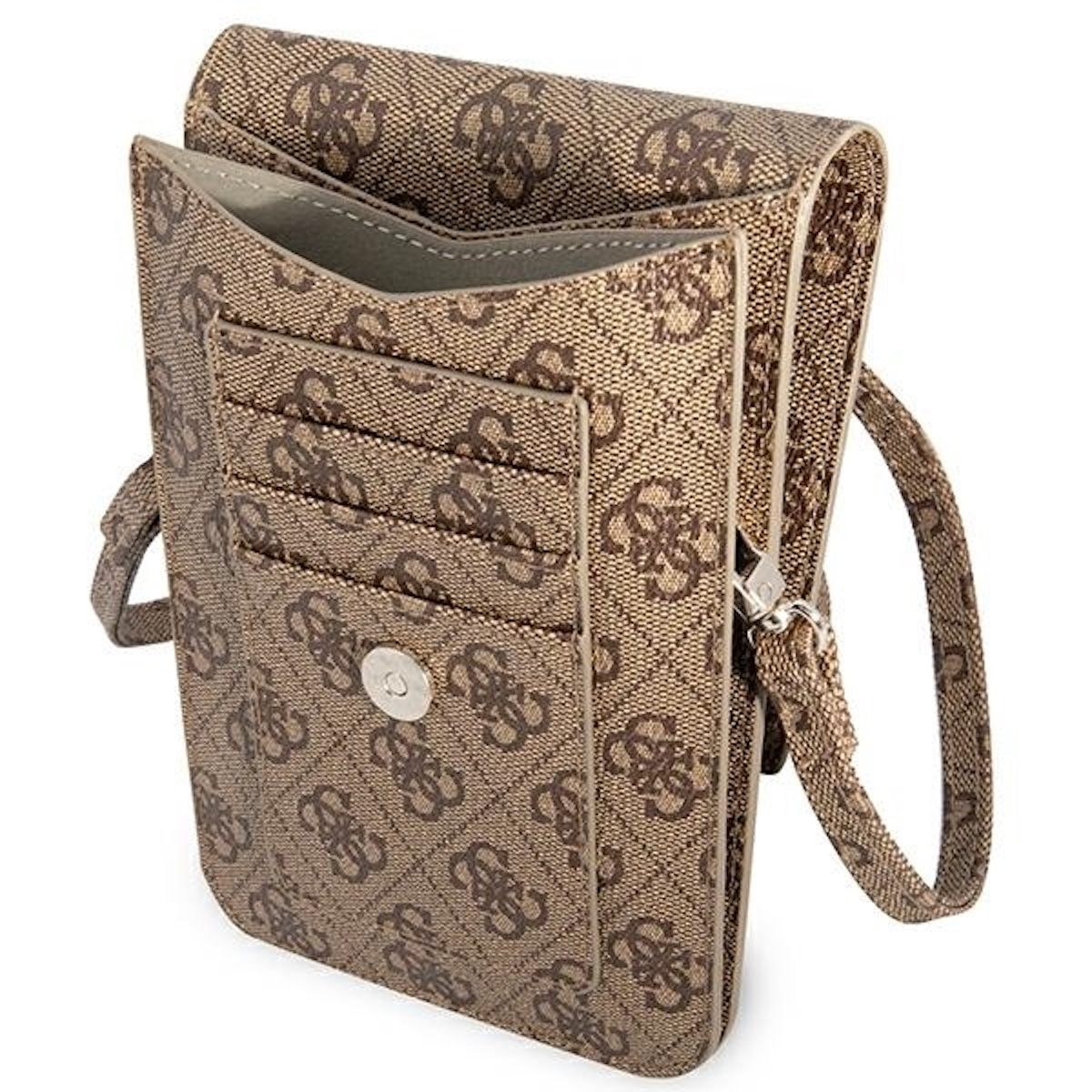 Borsa Guess con motivo marrone e tracolla. La borsa è aperta, mostrando l'interno con fessure per carte.