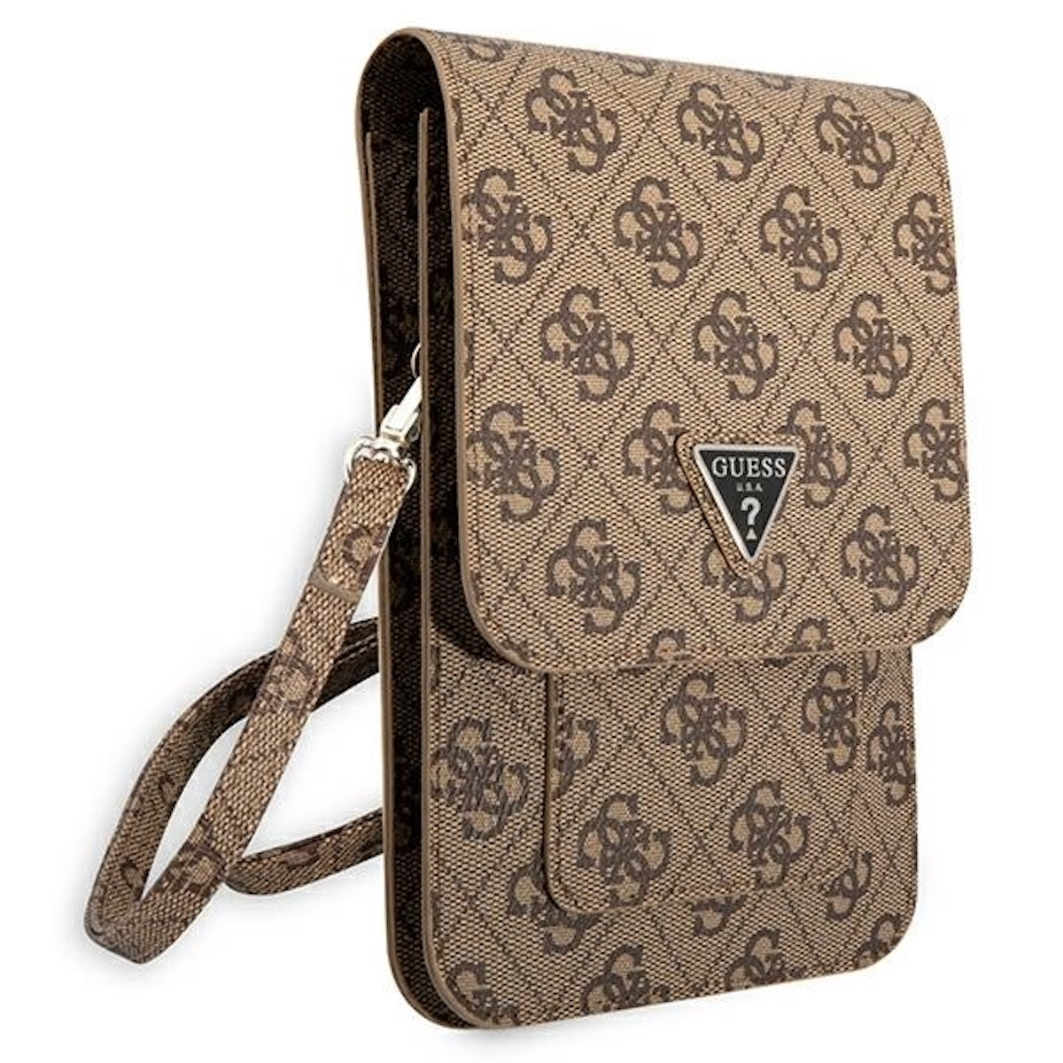 Custodia per telefono Guess marrone con logo. La custodia ha una tracolla.