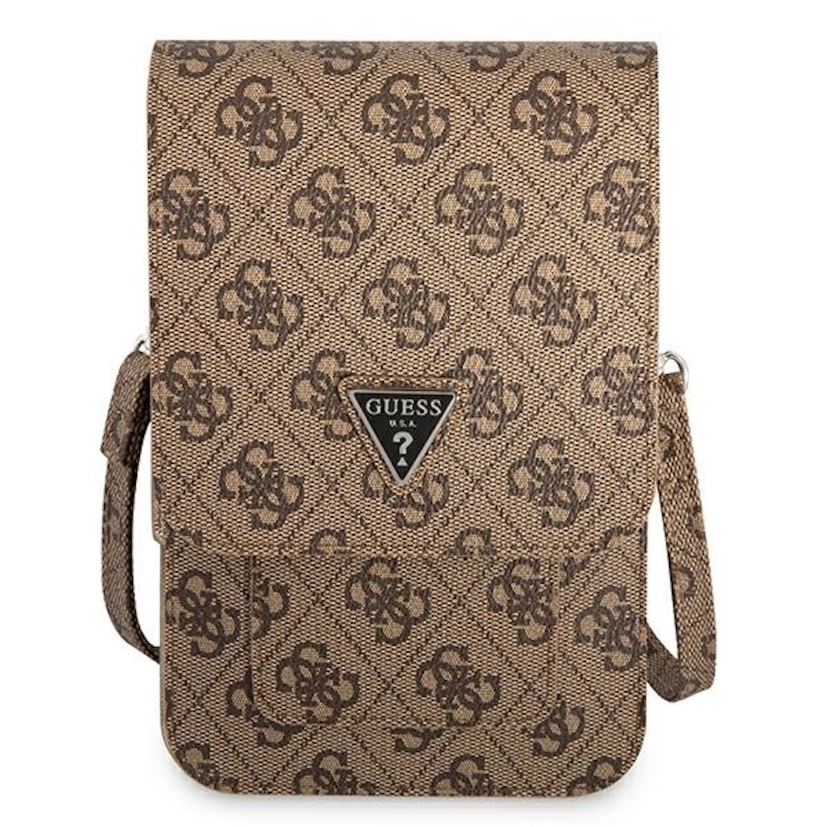 Una borsa a tracolla Guess marrone, con il motivo del logo del marchio all'esterno.