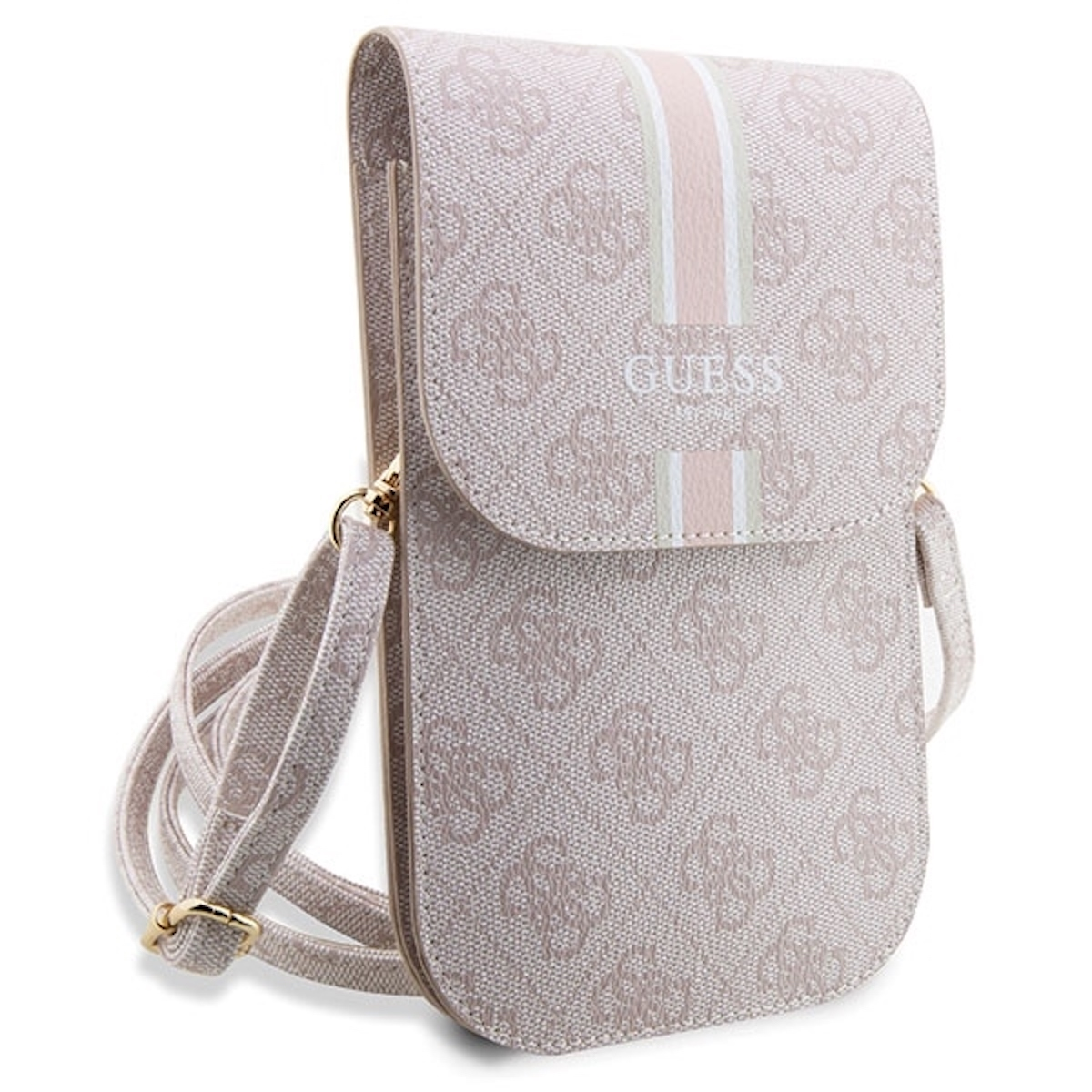 Eine Guess-Crossbody-Handyhülle mit beigem Monogrammmuster, rosa und weißen Streifen und einem goldenen Riemen.