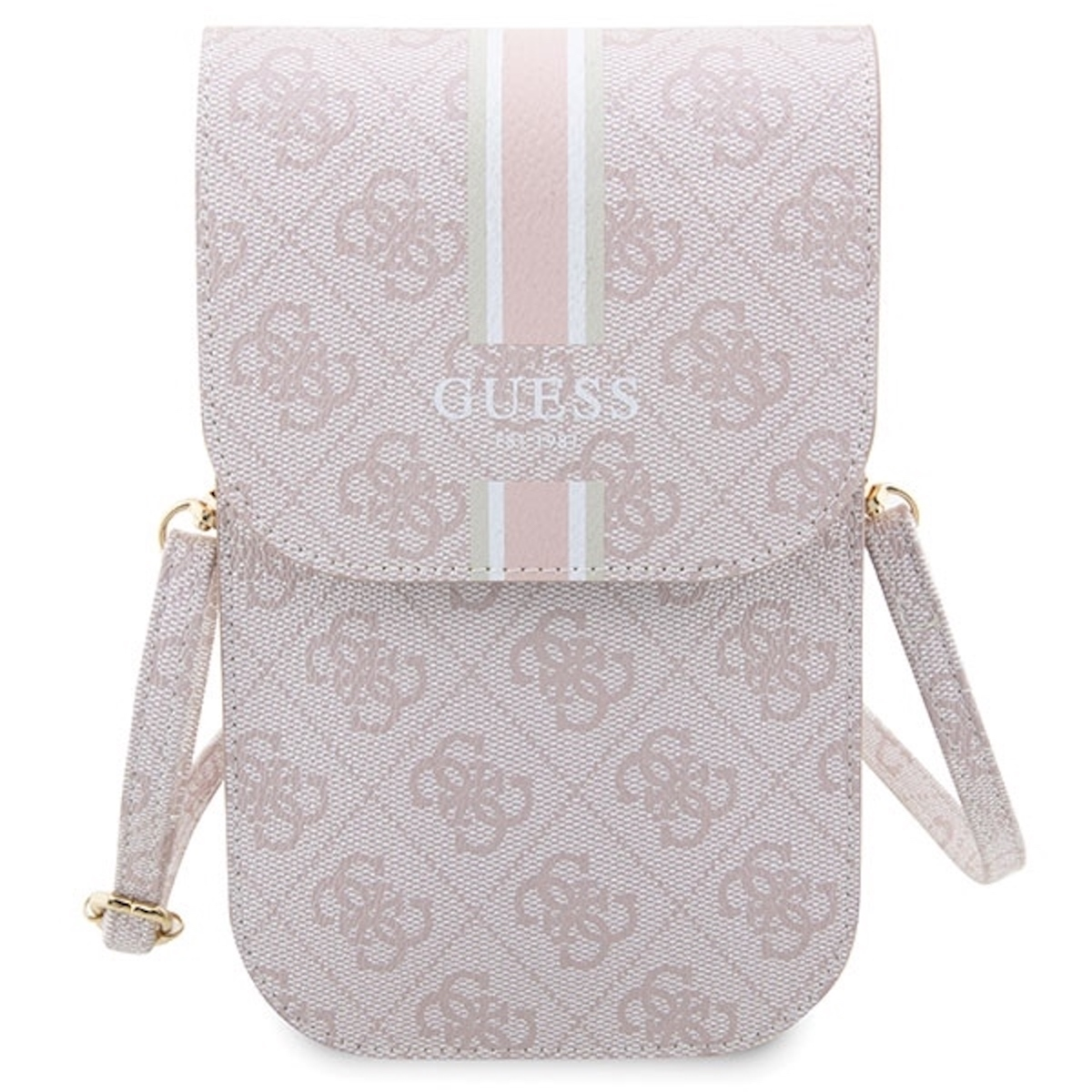 Eine rosa Guess Umhängetasche mit gemustertem Design und Guess-Logo.