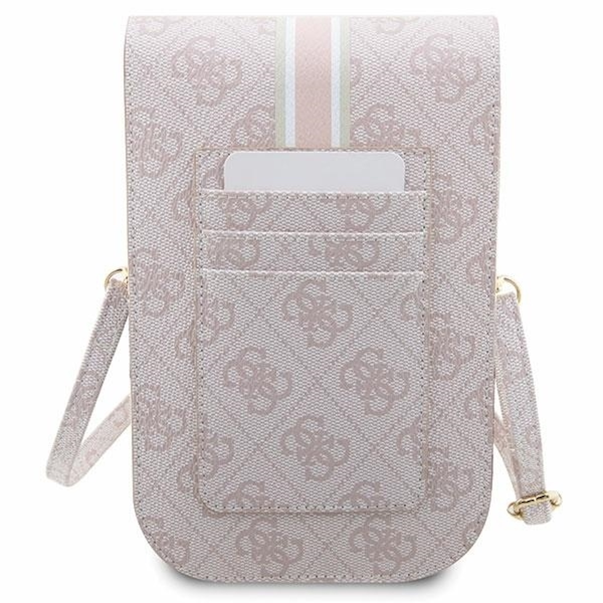 Eine Crossbody-Tasche der Marke Guess mit hellrosa Muster, einem Kartenhalter auf der Vorderseite und einem Schultergurt.