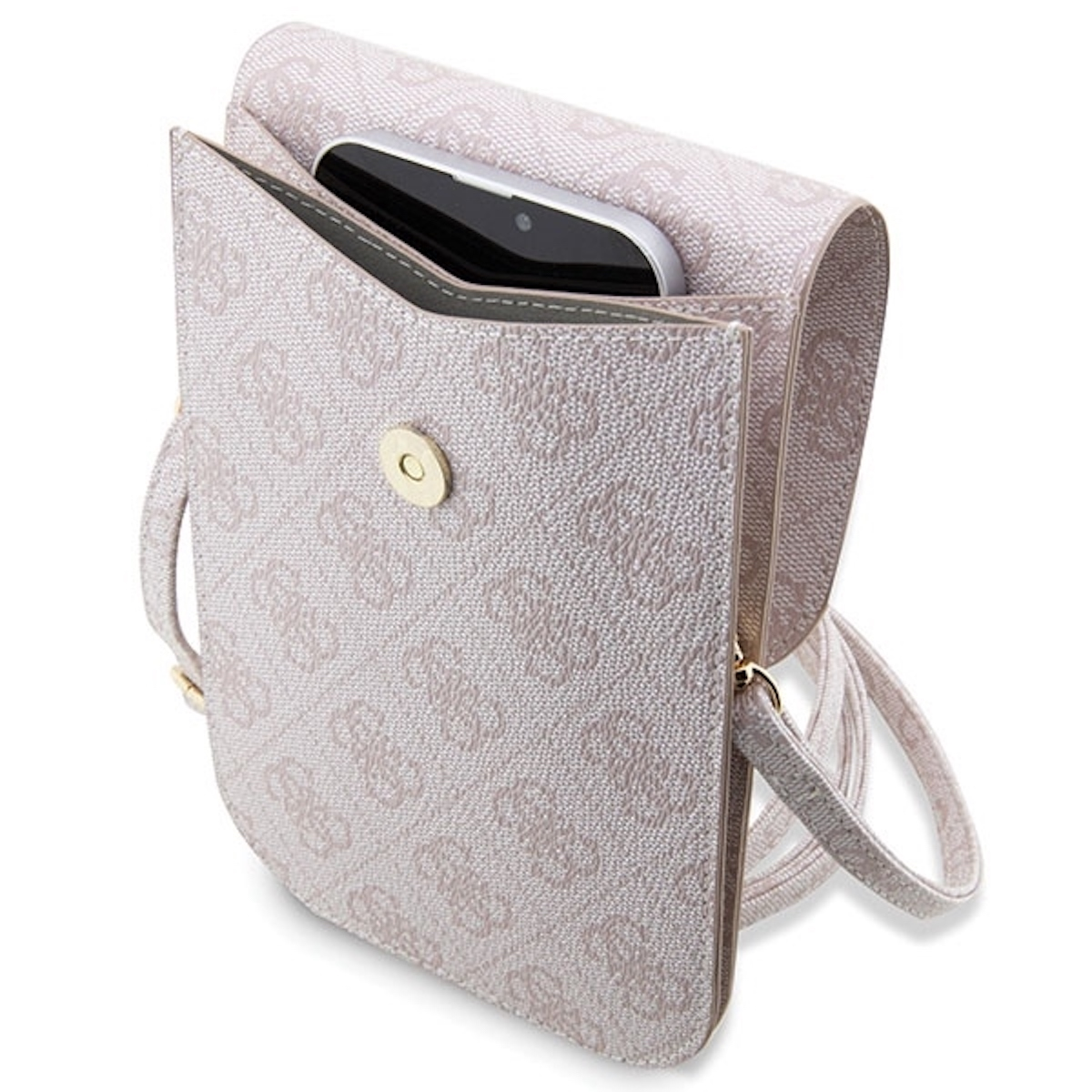 Eine hellrosa Handtasche mit einem Telefon im Inneren. Die Handtasche ist offen.