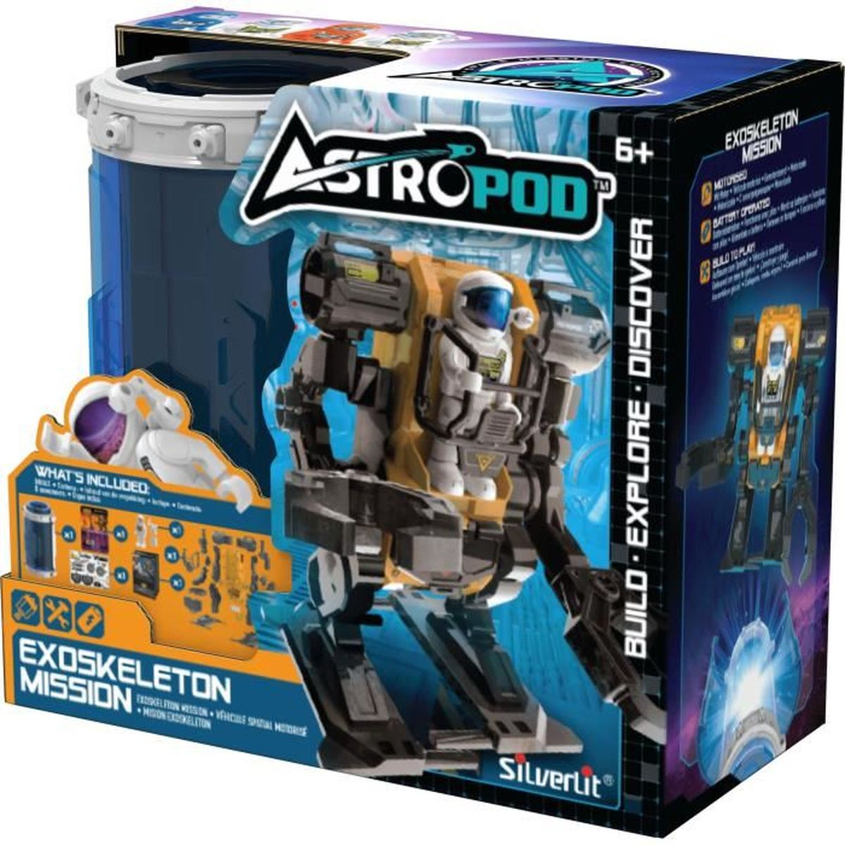 Ein Spielzeugroboter in einer Box. Die Box zeigt einen Roboter mit einem Mann darin. Schwarz, gelb und orange.