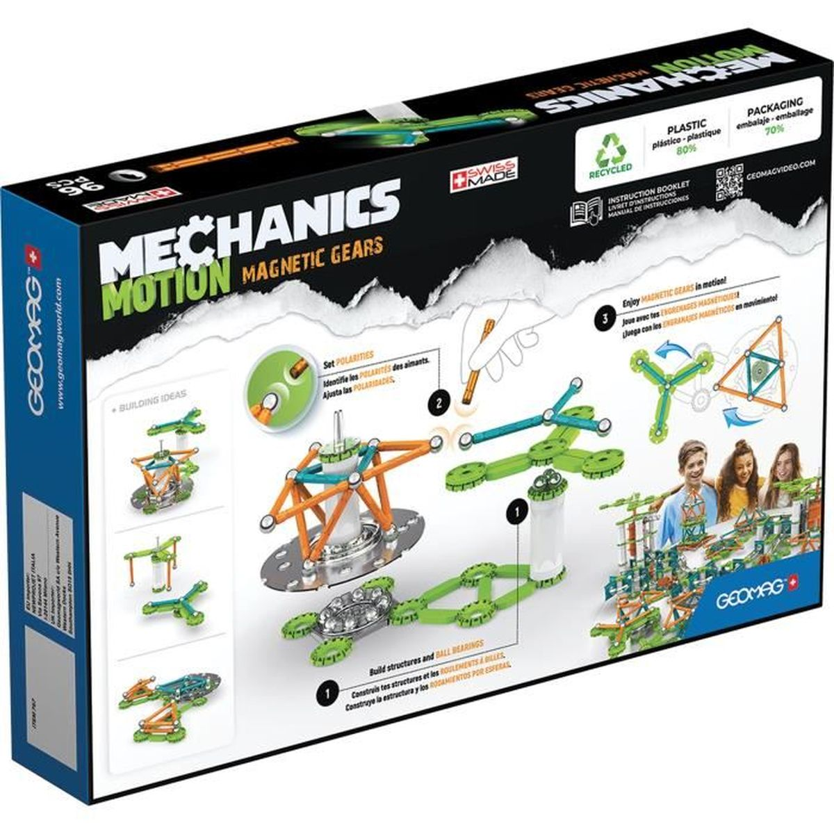 Kiste mit Spielzeugbausteinen. Die Kiste zeigt ein Bild des Spielzeugs beim Bauen.