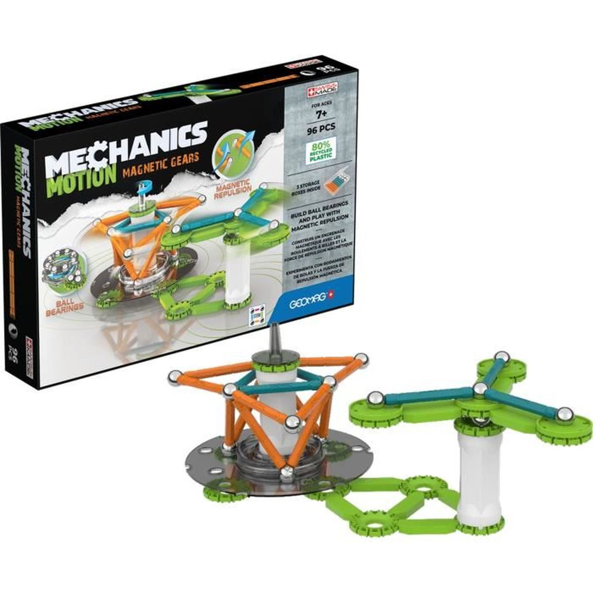 Mechanics Motion Spielzeugset mit Magnetzahnrädern. Eine Box zeigt Zahnräder in Aktion. Set ist meist grün und orange.