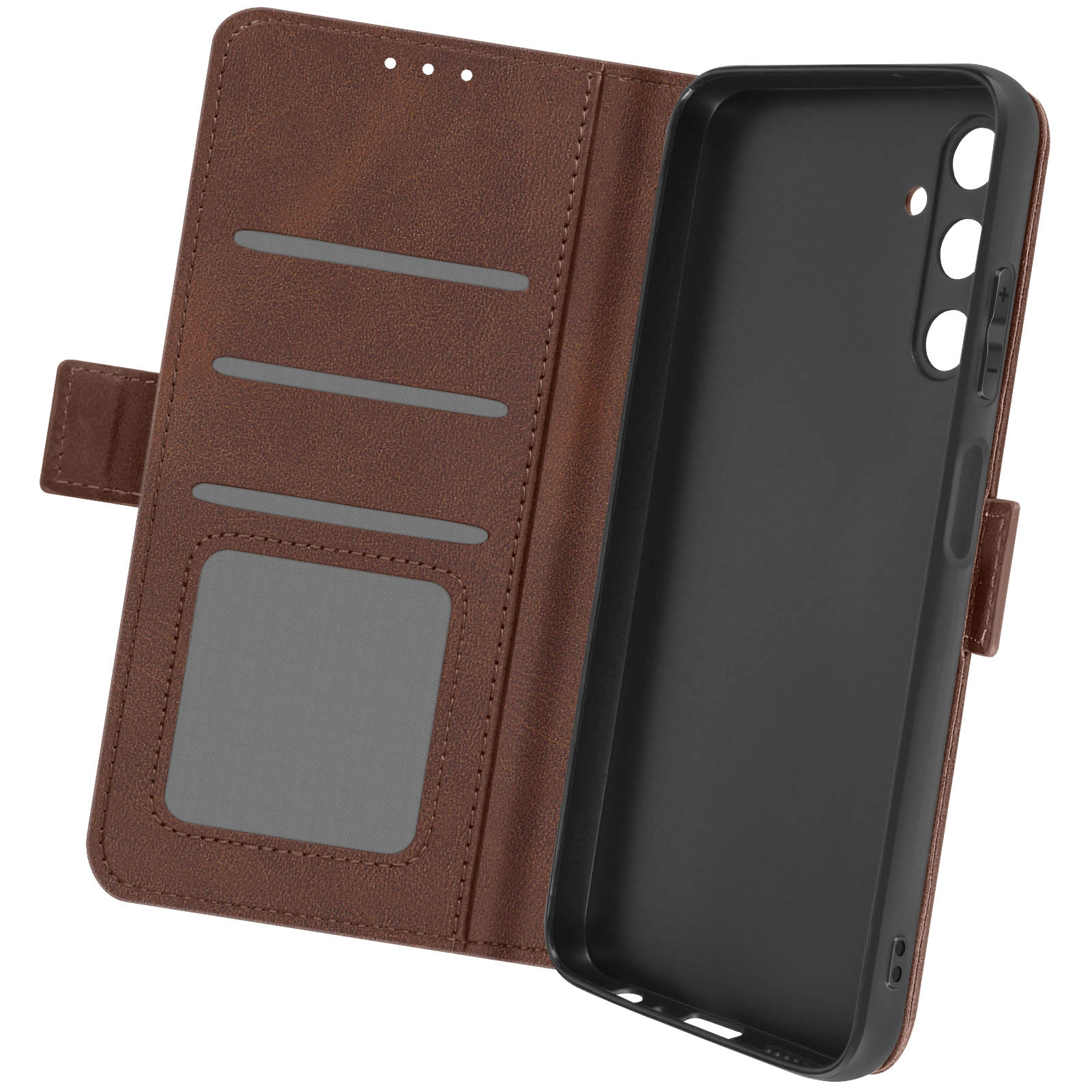 Una custodia per telefono in pelle marrone con design a portafoglio, aperta che mostra fessure per carte e supporto per telefono.