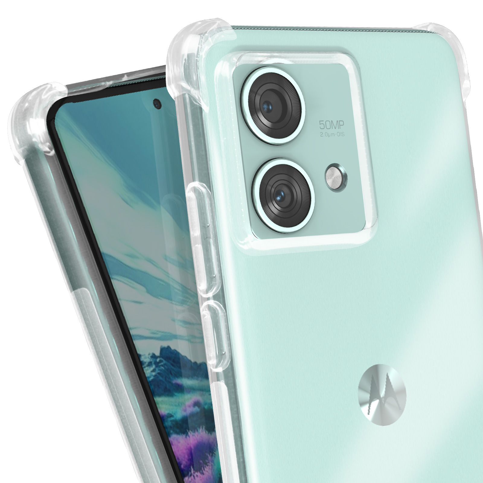 Telefono verde menta con custodia trasparente, che mostra la fotocamera e i pulsanti laterali.