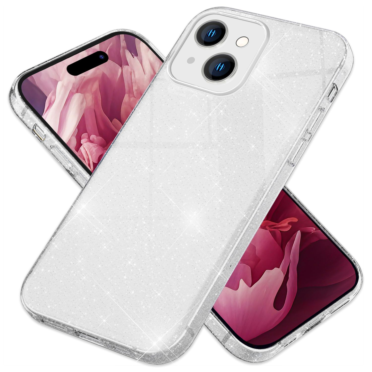 Transparente Handyhülle mit Glitzer auf dem Telefon, mit rosa Blumengrund.
