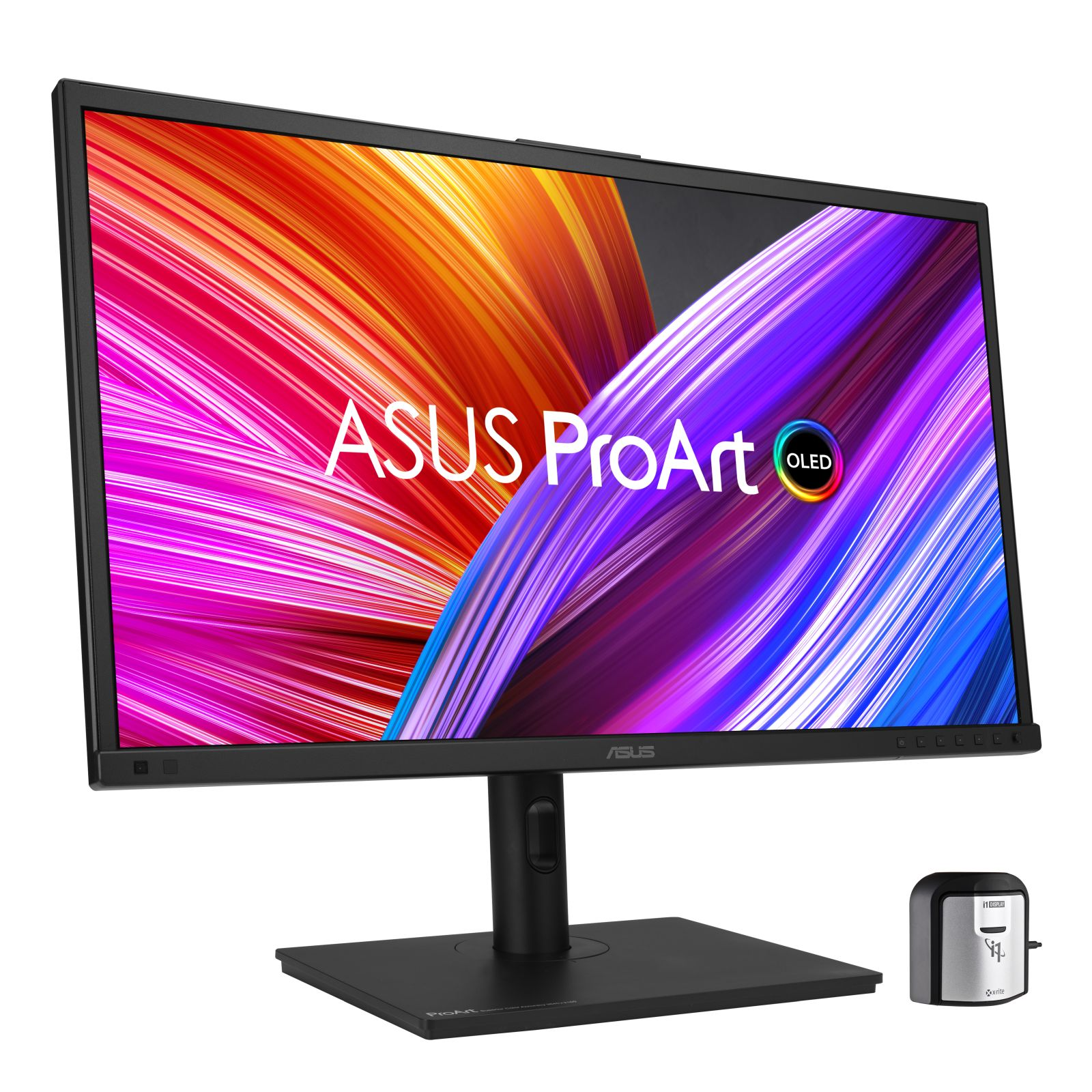 Monitor ASUS ProArt OLED wyświetla kolorowy obraz. Małe czarne pudełko spoczywa po prawej stronie.