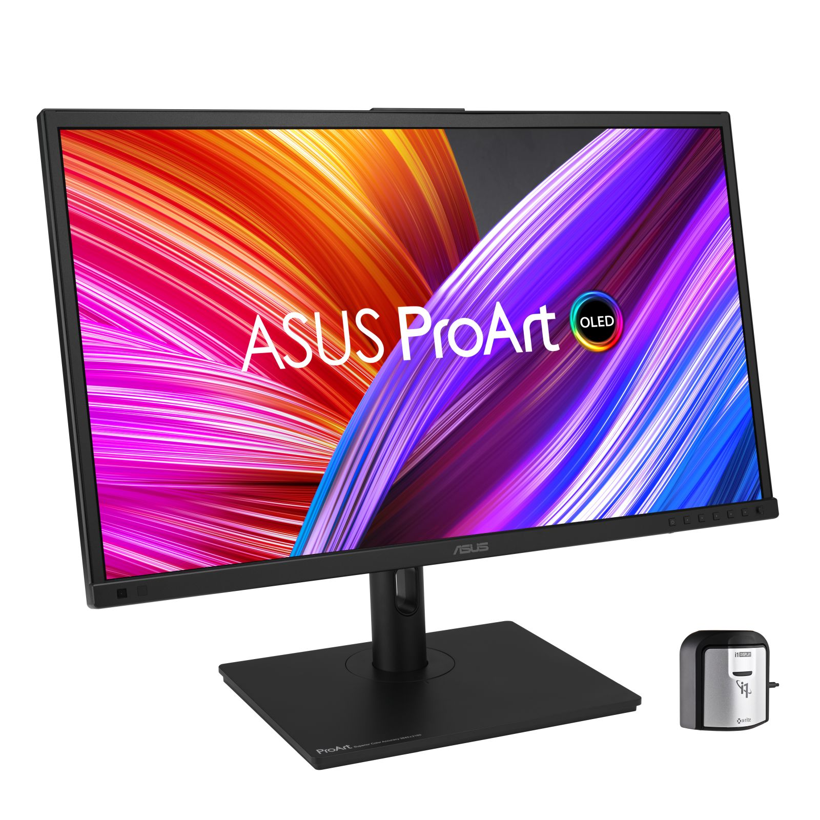 Monitor ASUS ProArt OLED na stojaku. Zawiera małe urządzenie.
