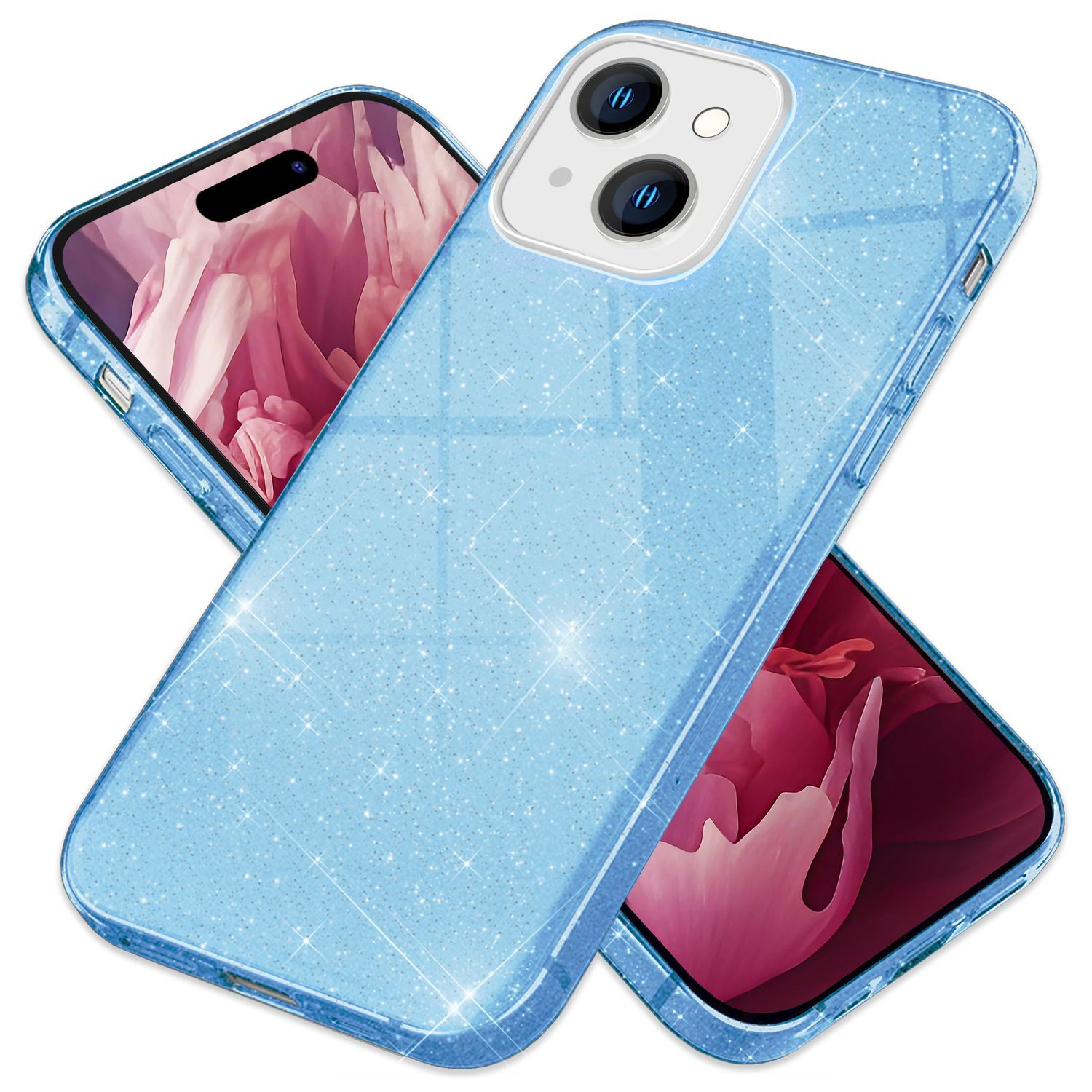 Blaue Glitzer-Handyhülle mit zwei Handys, zeigt floralen Hintergrund.