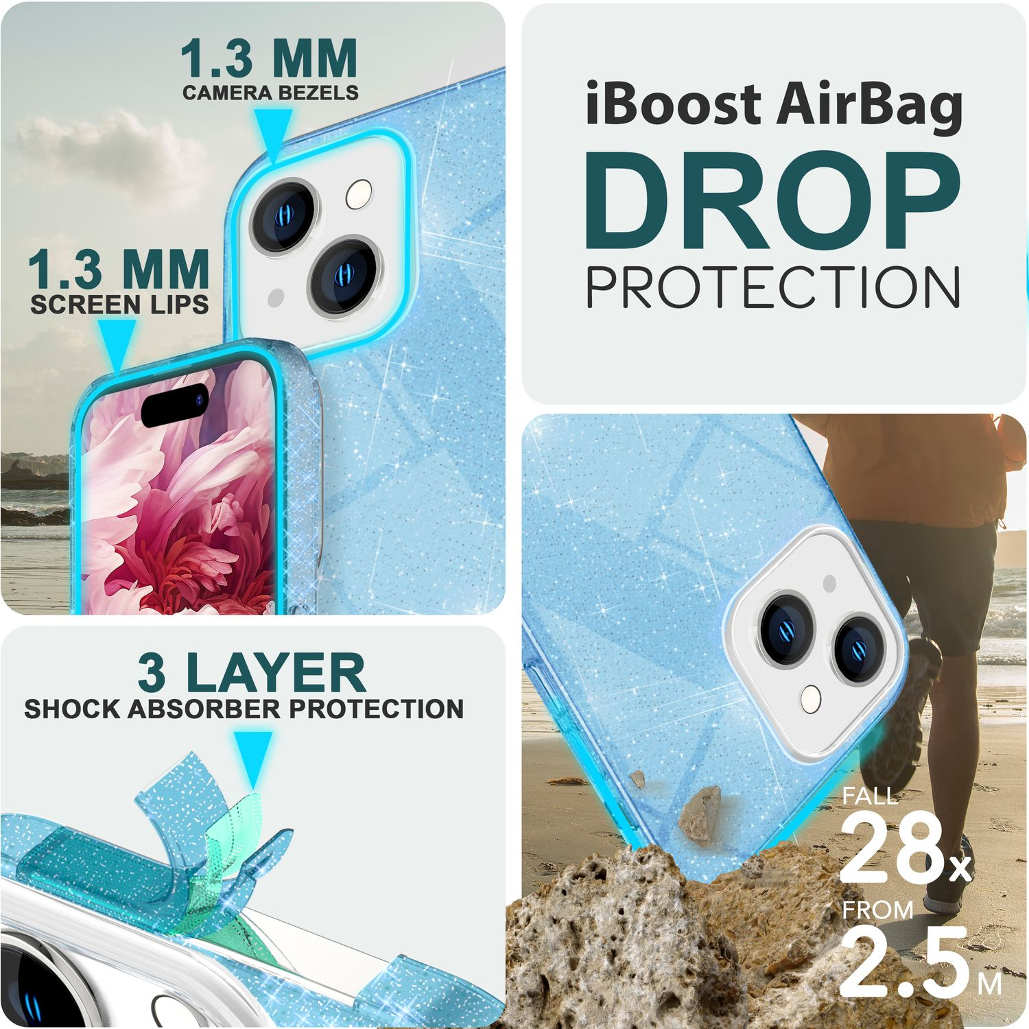 Eine Handyhülle mit blauem, glitzerndem Design. Text: iBoost AirBag Drop Protection und 3 Layer Shock.