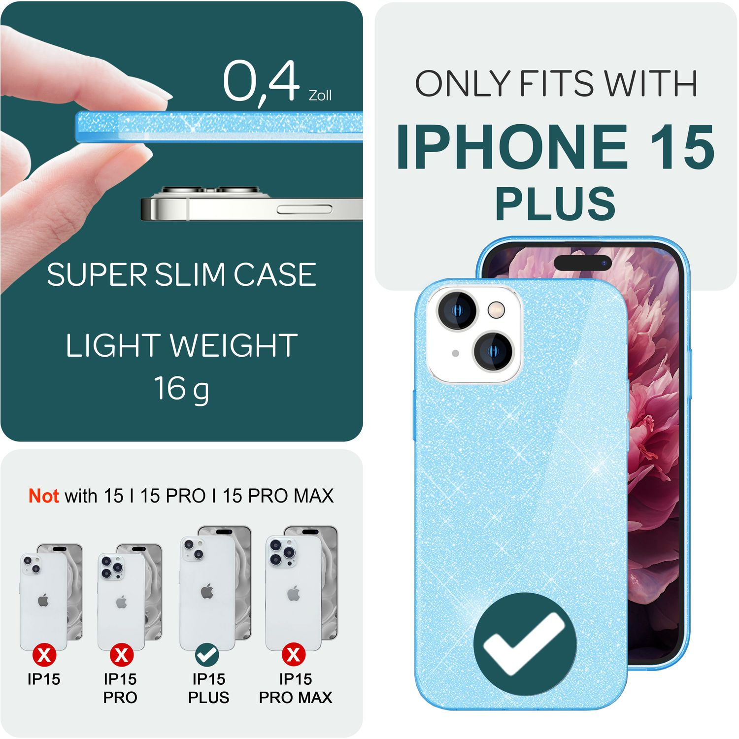 Ein Telefon mit einer blauen Hülle neben der Hülle in einer Hand. Text sagt, dass das Telefon für iPhone 15 Plus ist.