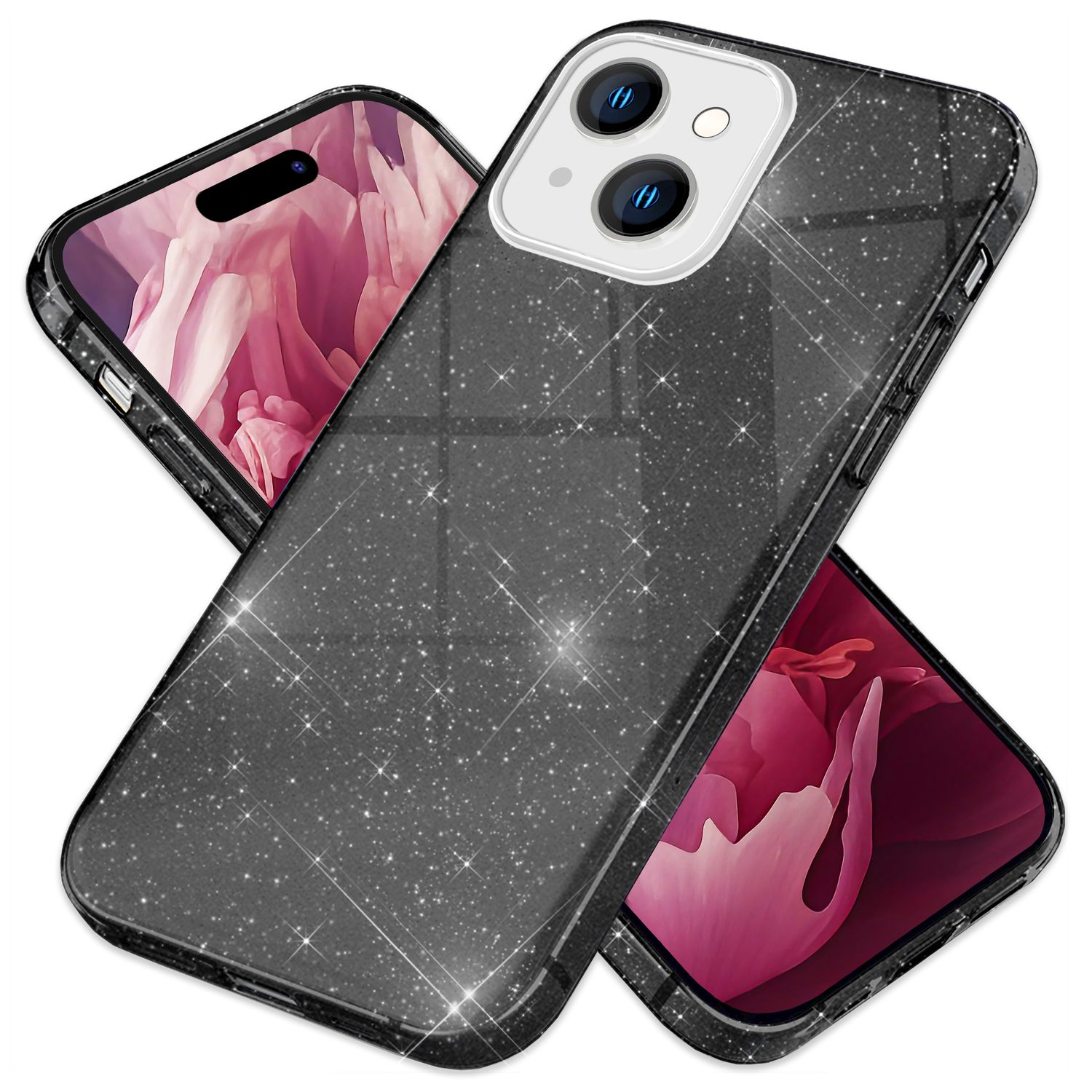 Schwarze Glitzer-Handyhülle mit zwei Handys, zeigt floralen Hintergrund.