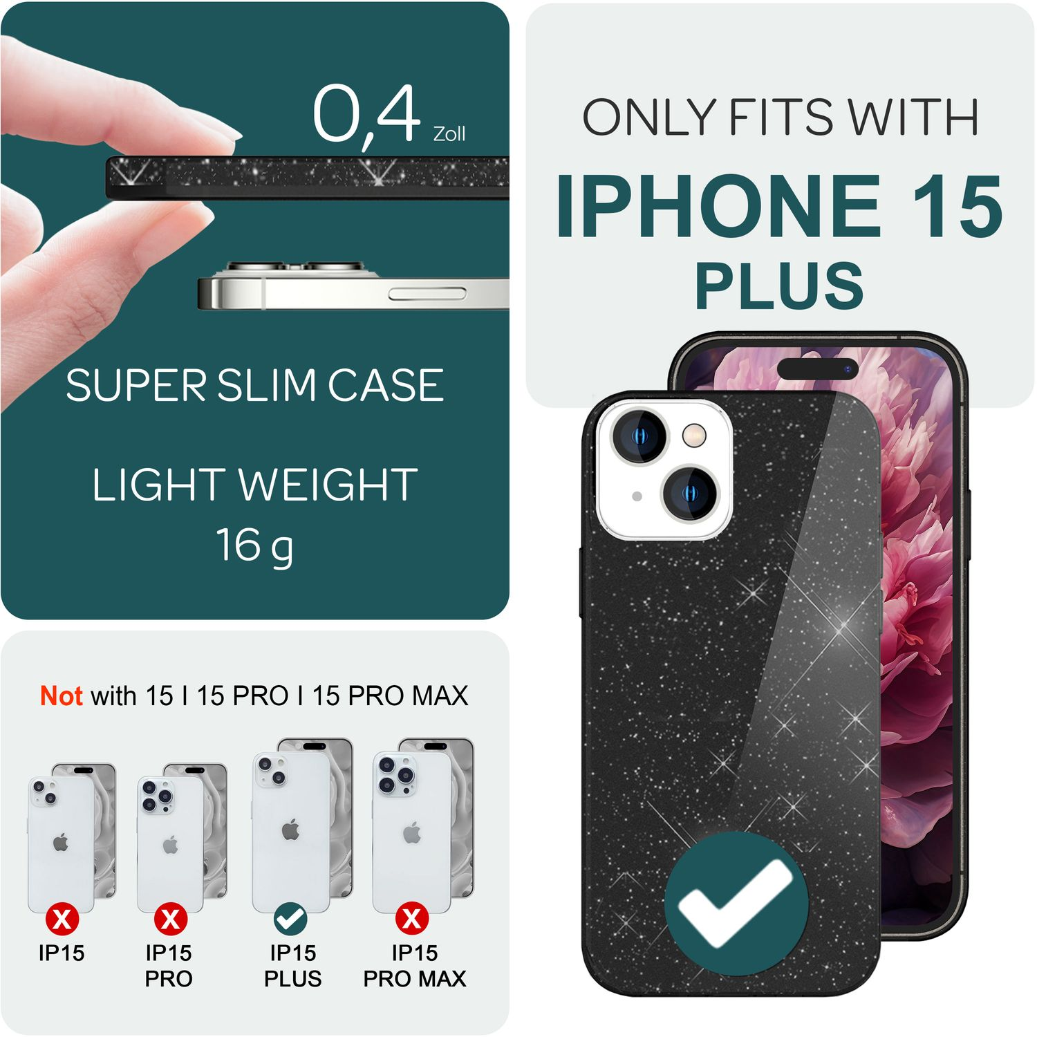 Schwarze Handyhülle neben einem Telefon, mit Text und Bildern, die die Eigenschaften zeigen.