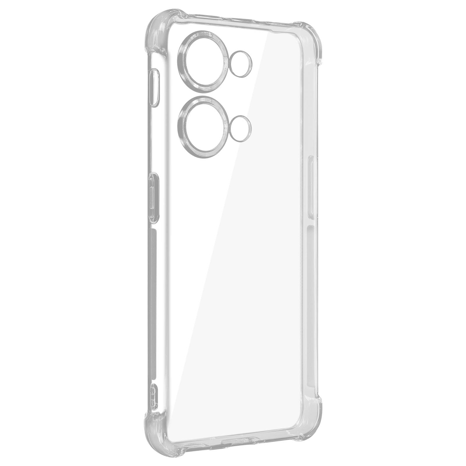 Custodia trasparente per telefono con ritagli per doppia fotocamera, che mostra il design del telefono.