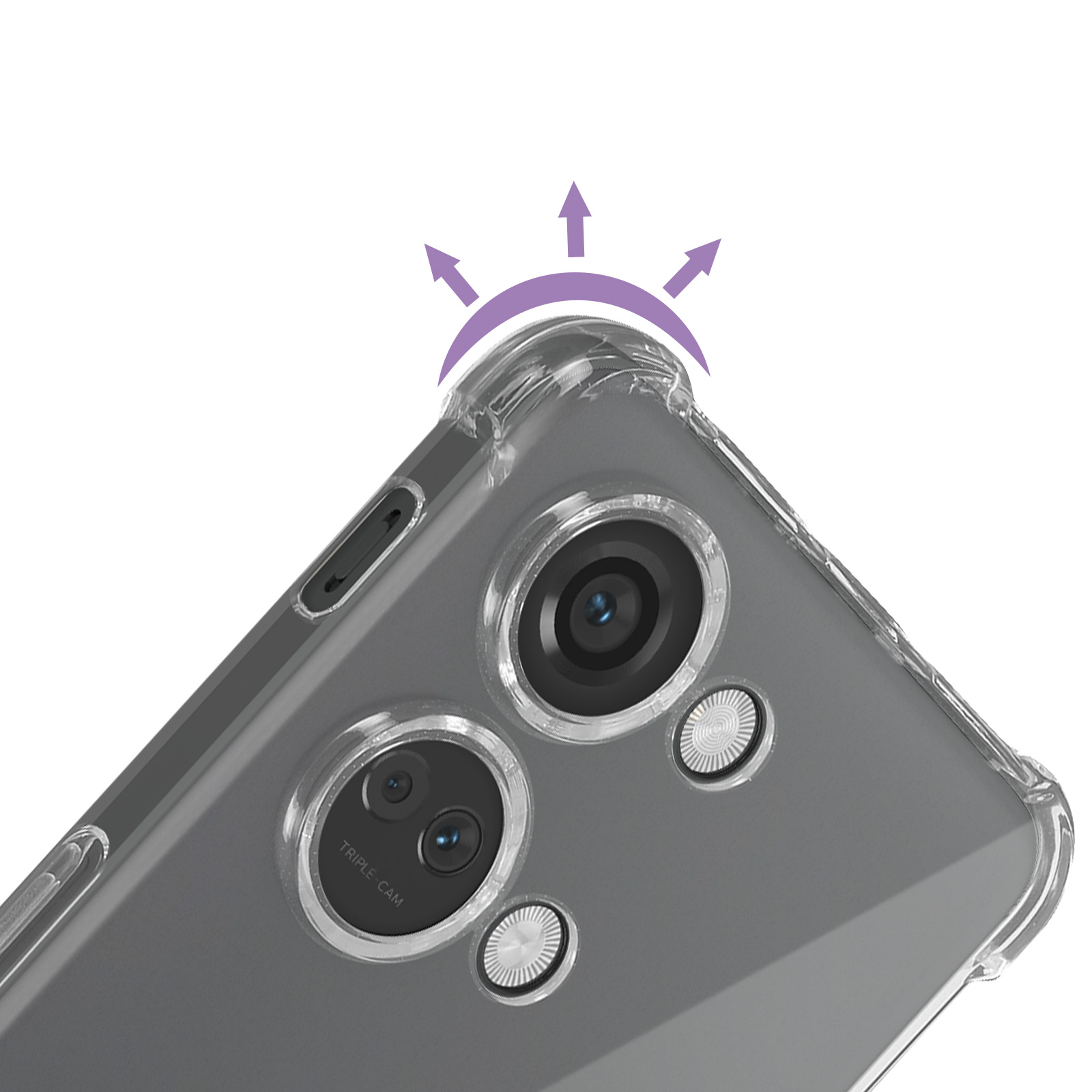 Primo piano di un telefono con una custodia trasparente. Le frecce evidenziano l'area della fotocamera.