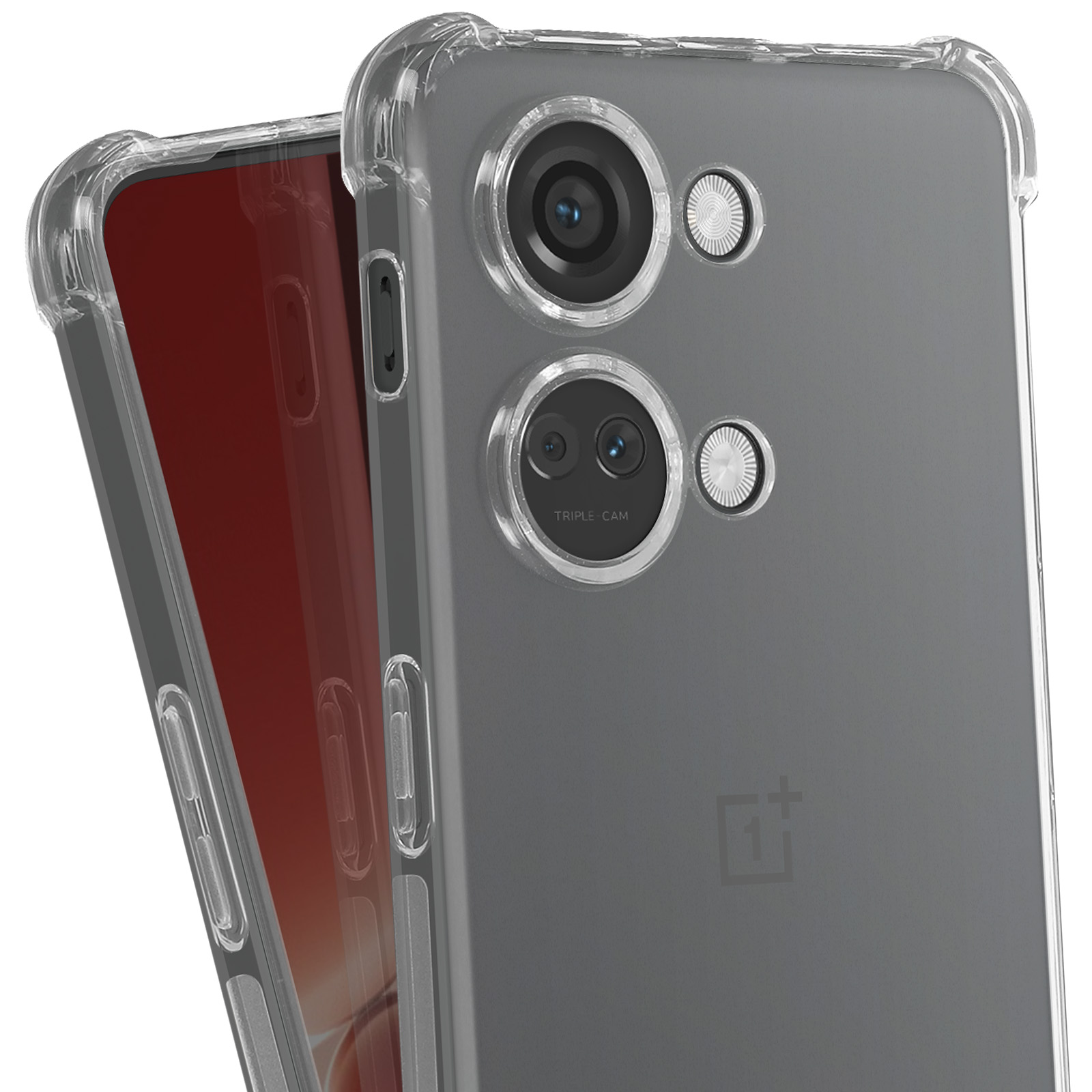 Due telefoni uno accanto all'altro, uno con una custodia trasparente, che mostra il sistema della fotocamera e il retro.
