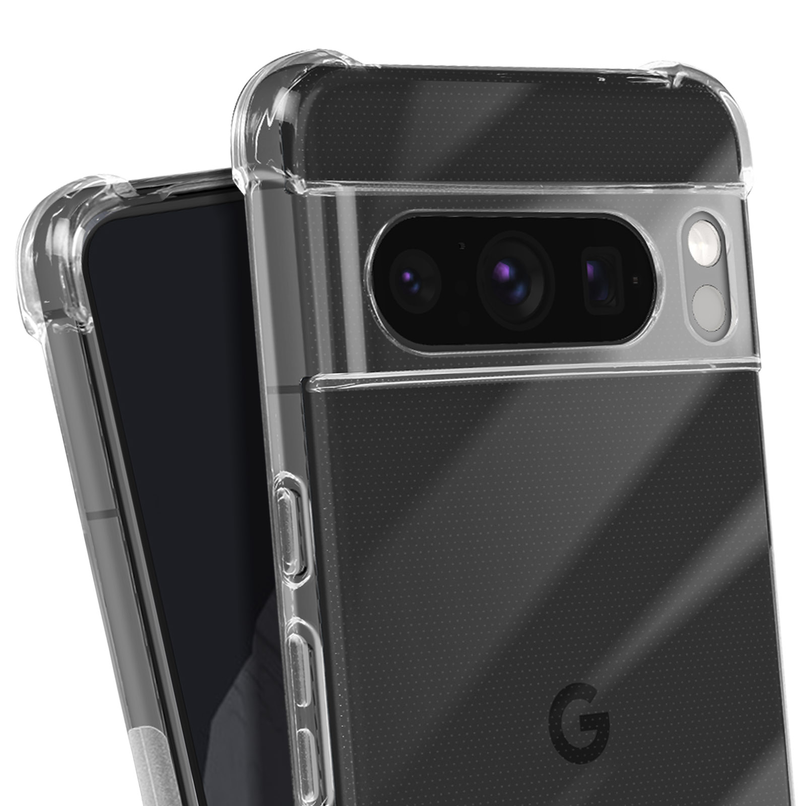 Custodia trasparente per telefono su un telefono, che mostra un primo piano dell'area della fotocamera.