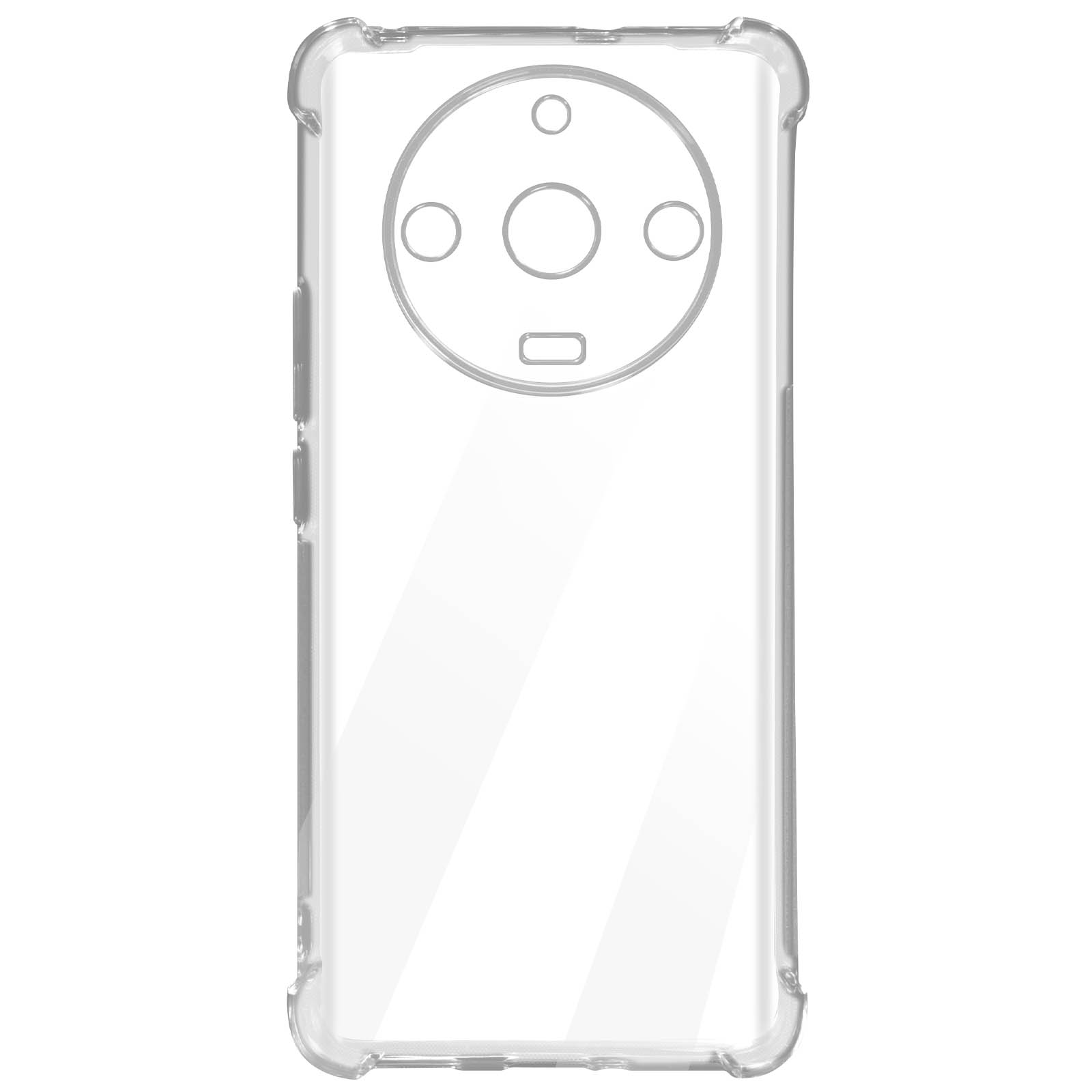 Custodia trasparente per telefono. Ha fori per la fotocamera e forma rettangolare.