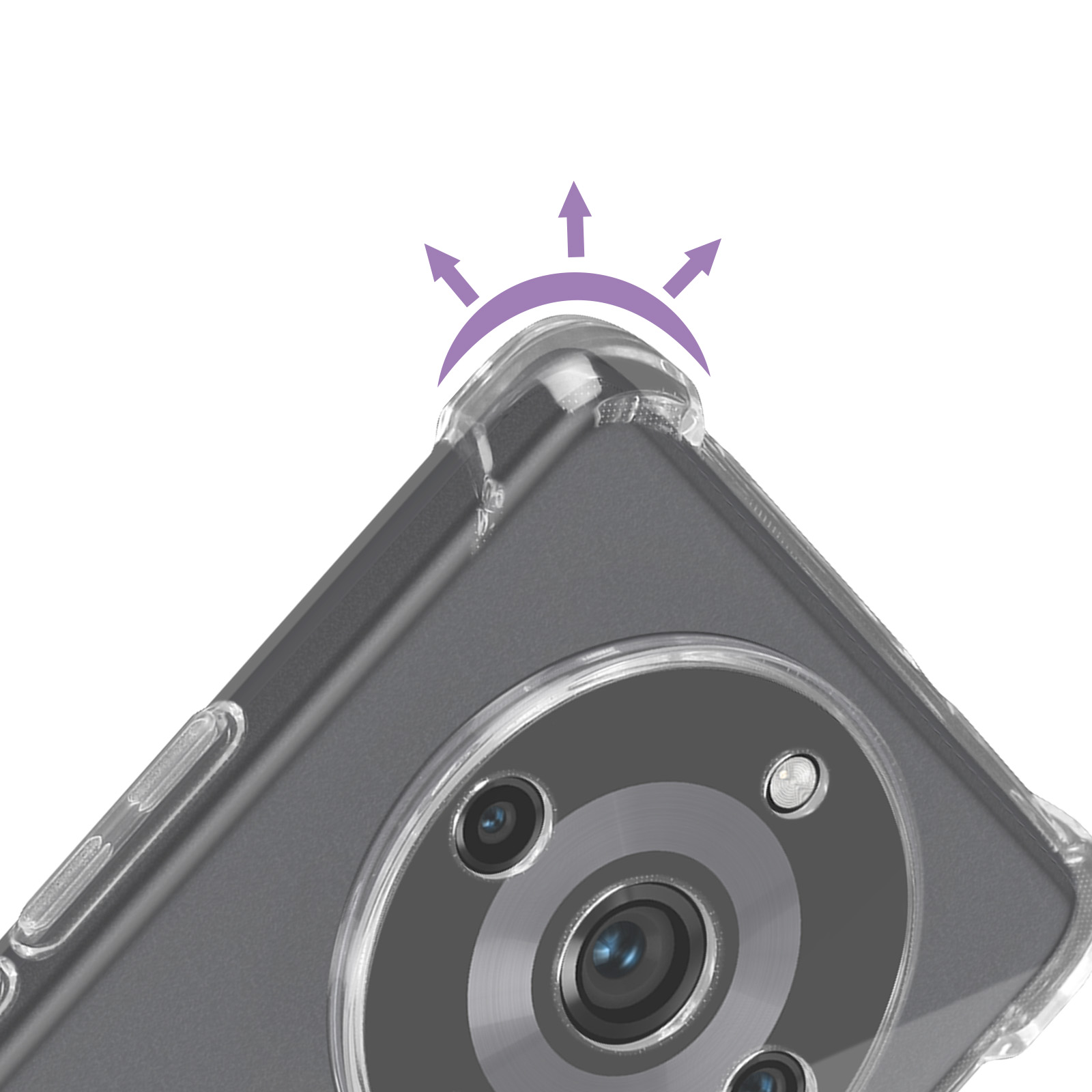 Una fotocamera per telefono con una custodia trasparente, con frecce che indicano gli angoli protetti.