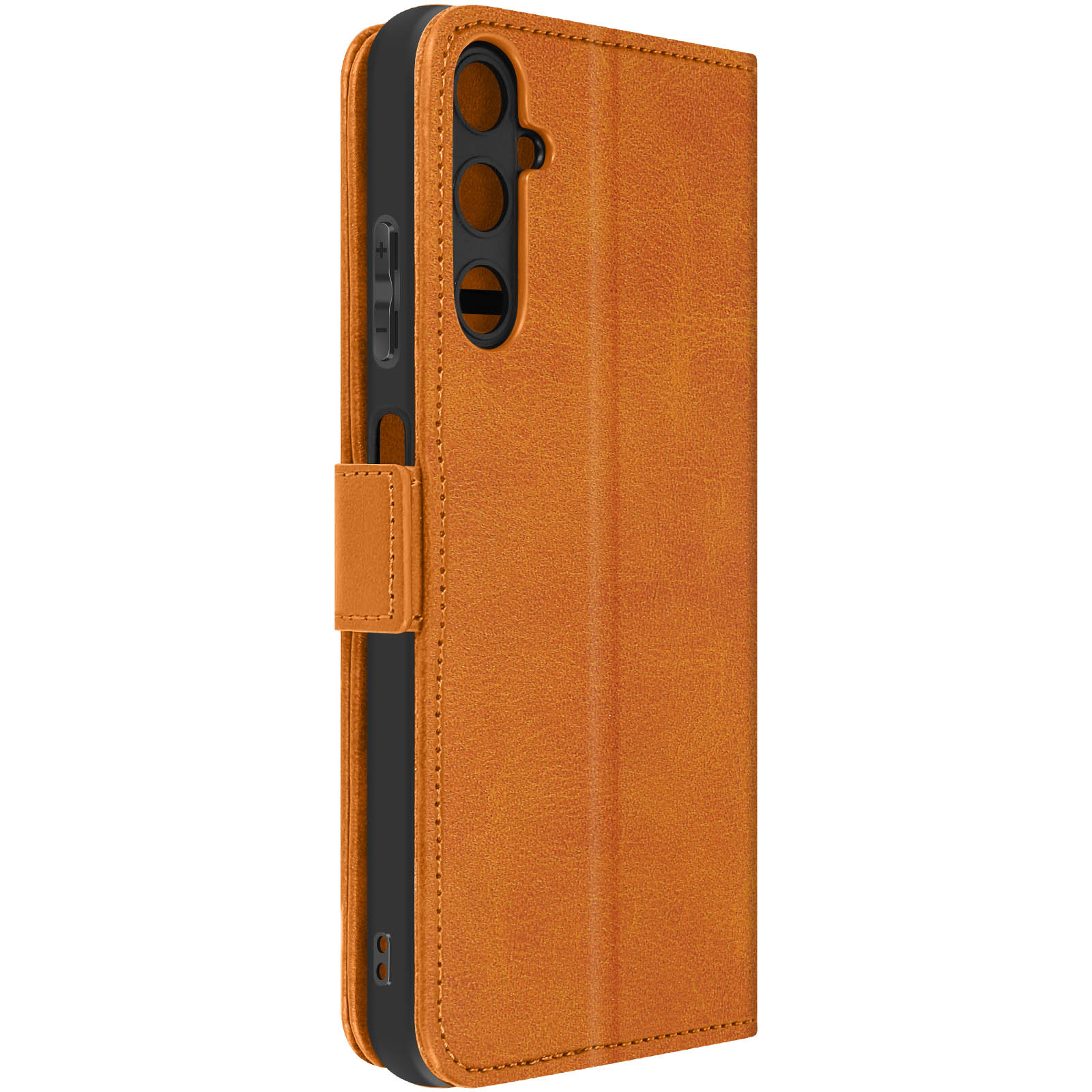 Una custodia per telefono in pelle marrone, chiusa, con chiusura magnetica e pulsanti laterali del telefono visibili.