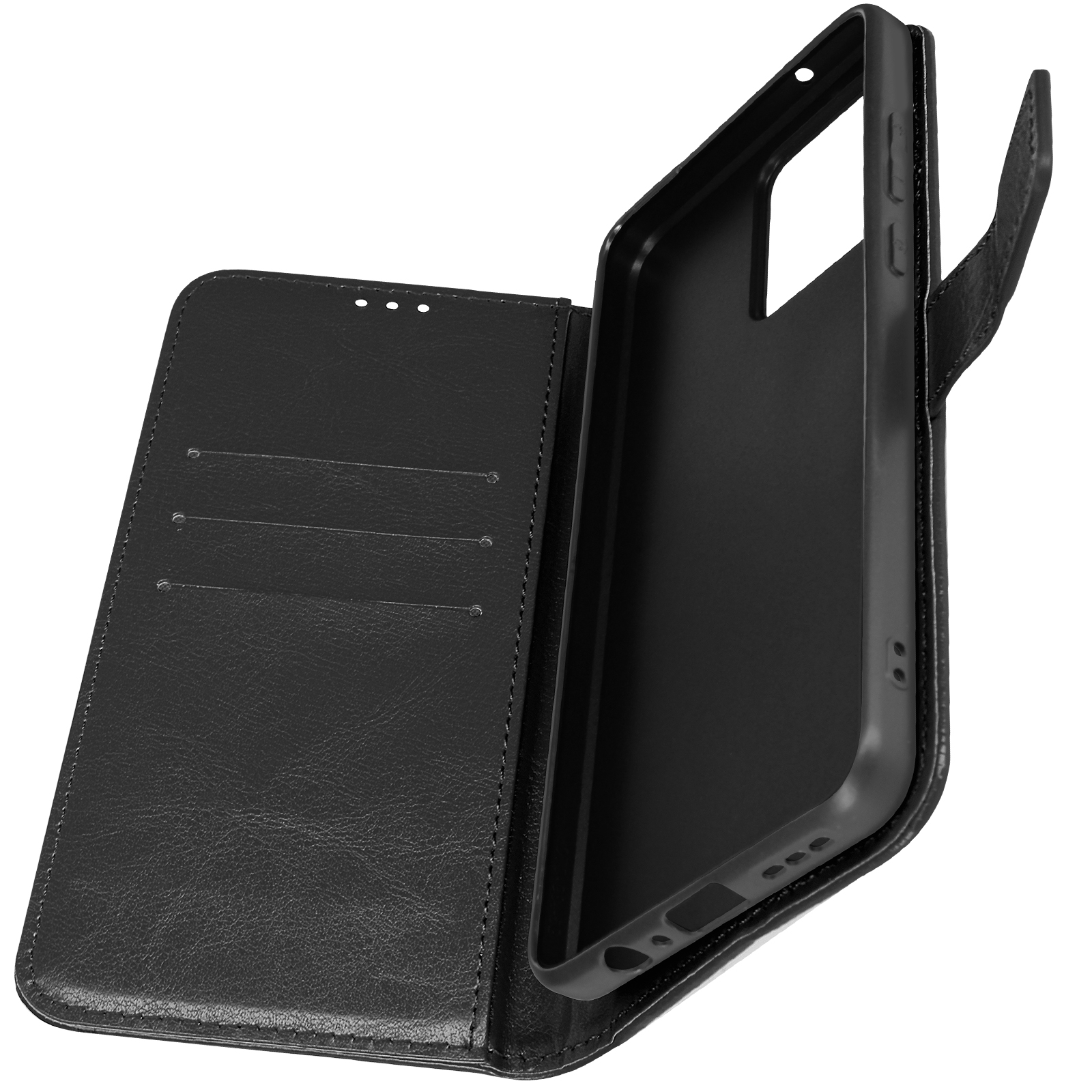 Geöffnete schwarze Leder-Handyhülle, zeigt Handyhalter und Kartenfächer.