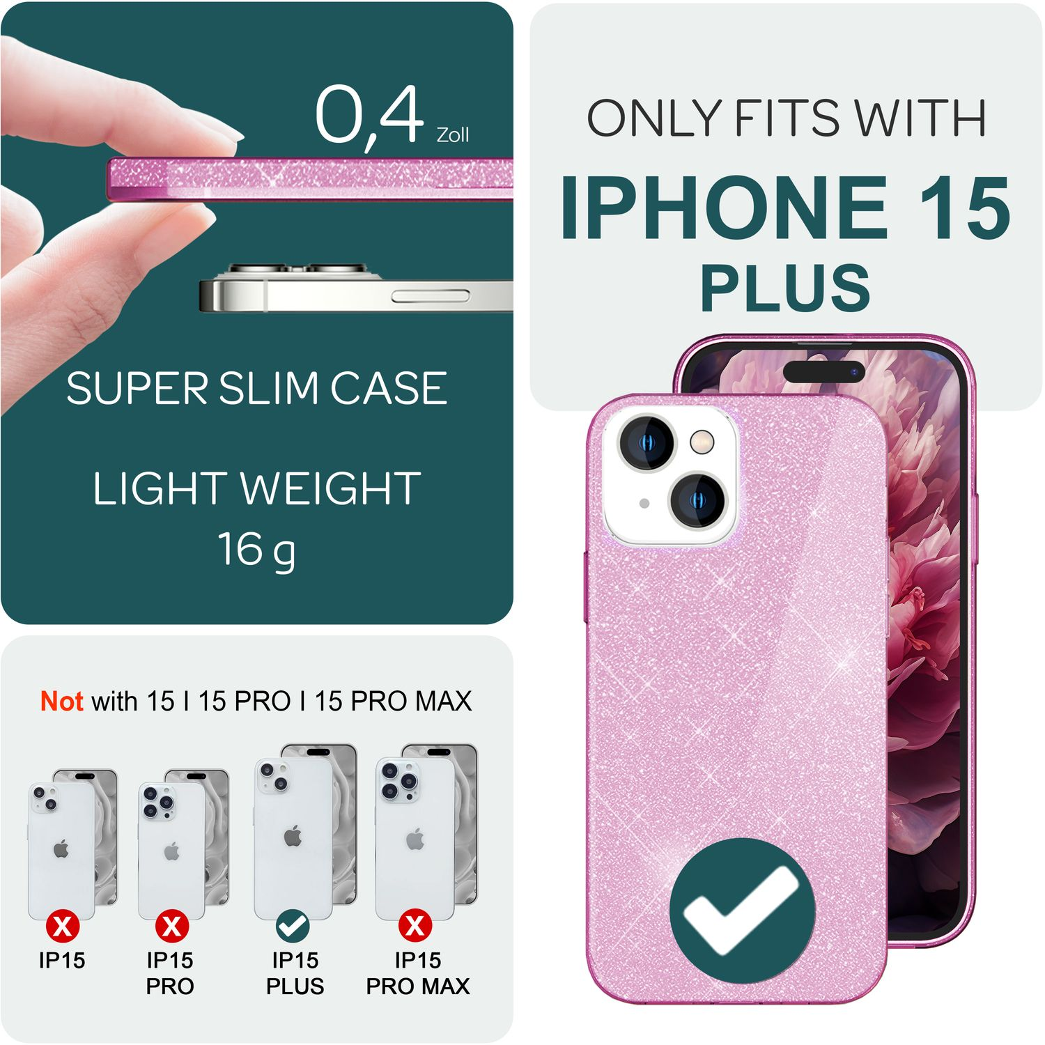 Rosa Glitzer-Handyhülle für iPhone 15 Plus, mit Produktdetails und Telefonkompatibilitätsinformationen.