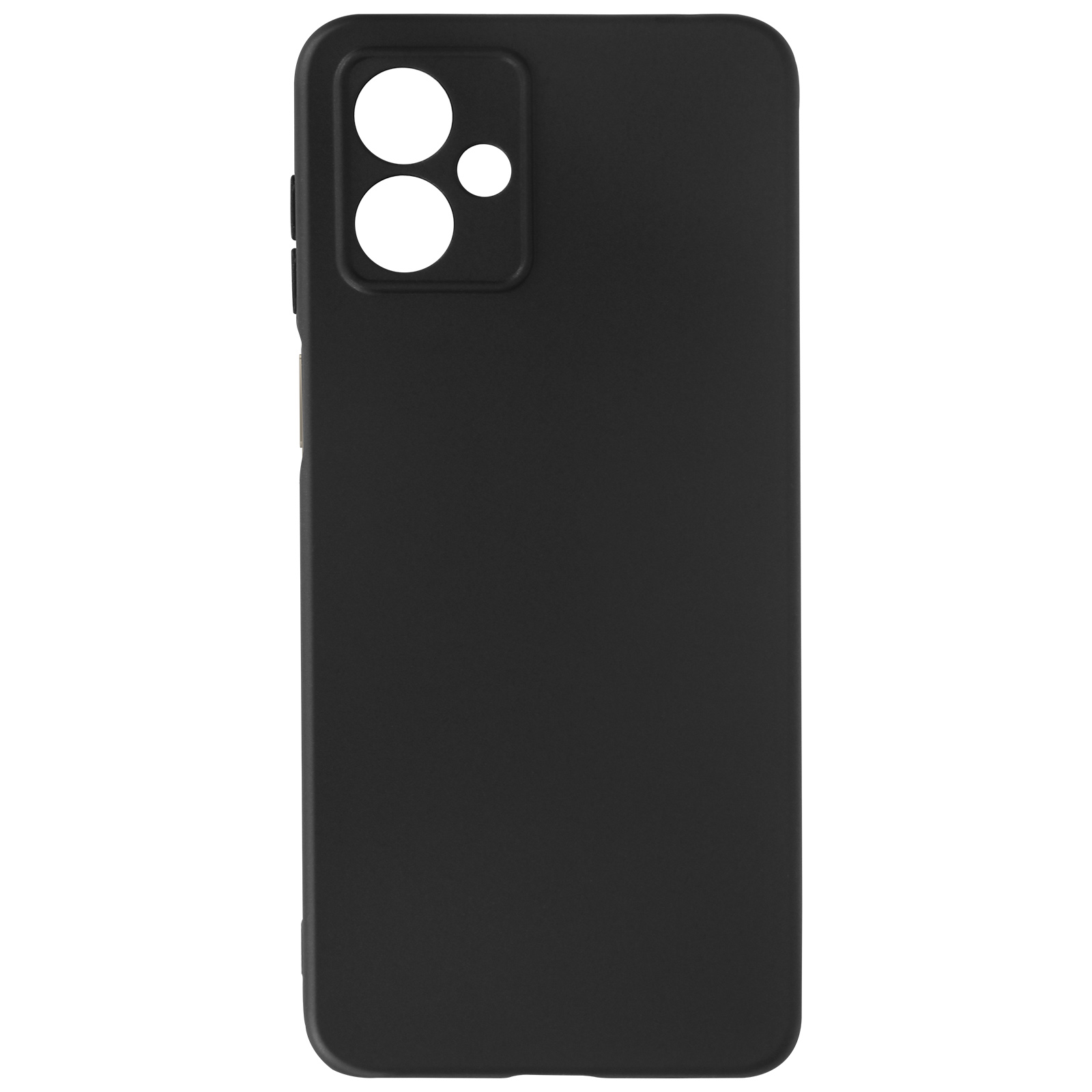 Schwarze Handyhülle, Rückansicht, mit Kamera- und Knopfausschnitten, schlankes Design.
