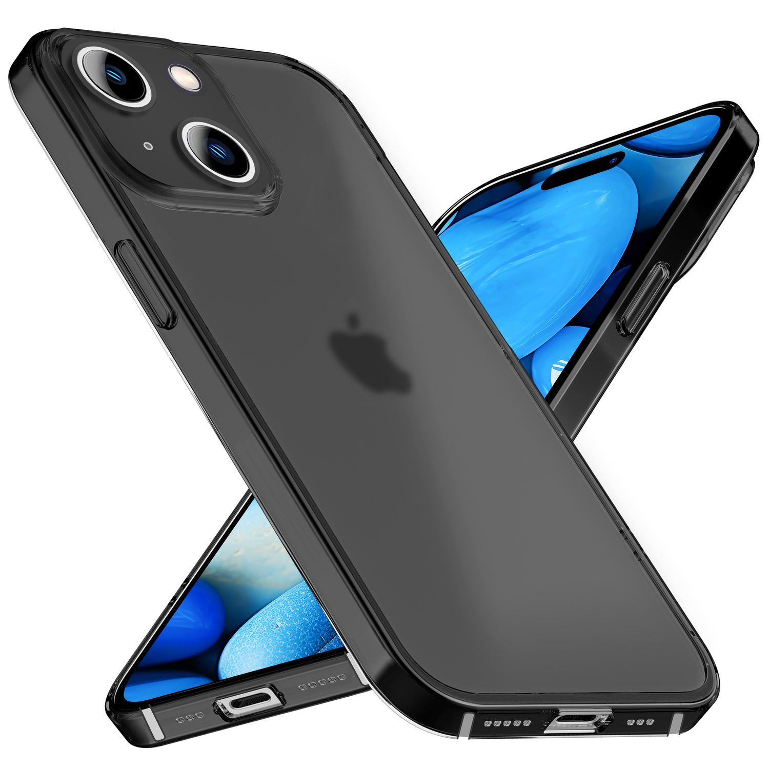 Zwei schwarze iPhone-Hüllen. Eine liegt auf der Seite, eine in einem Winkel. Beide haben Kameraausschnitte.