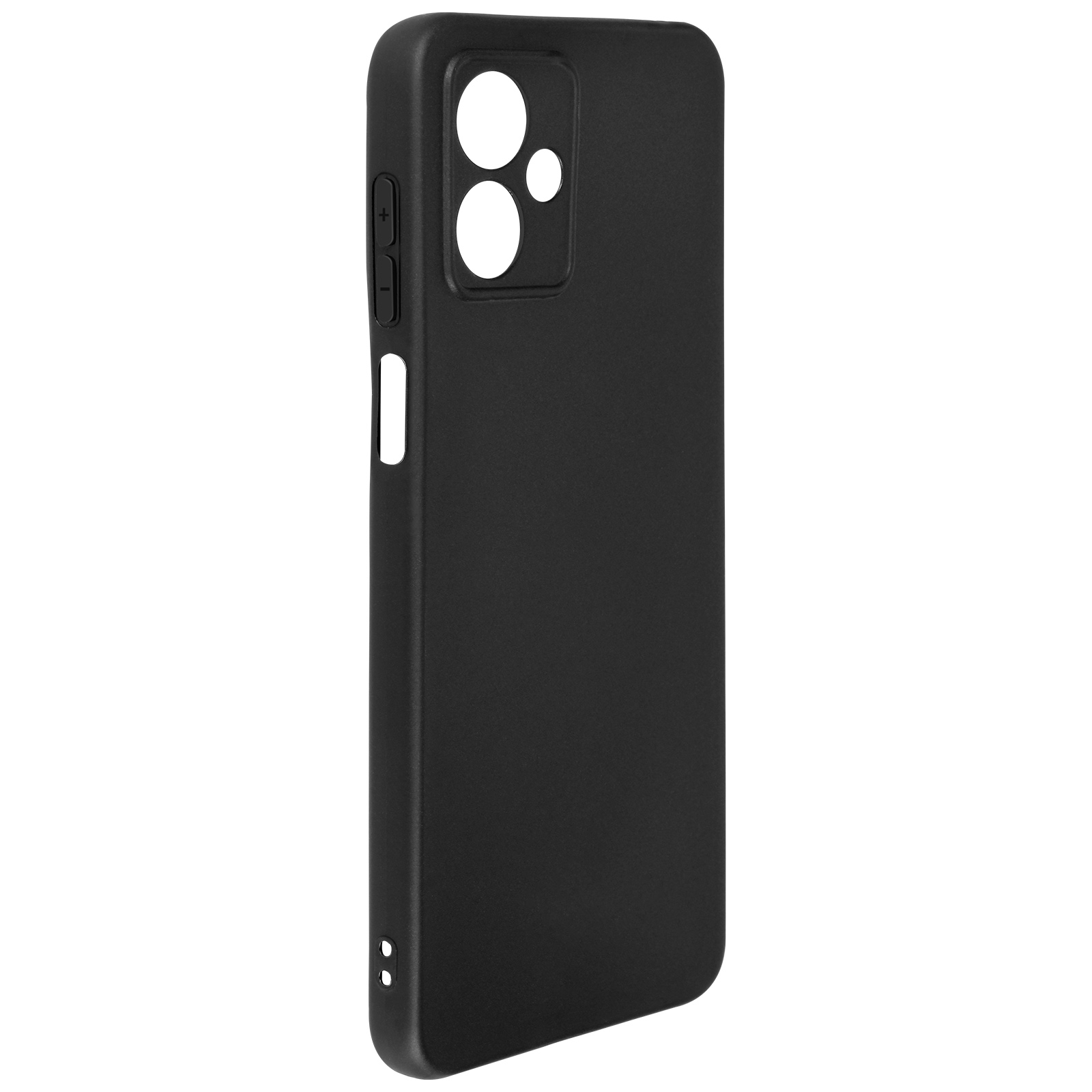 Eine schwarze Handyhülle mit Kameraausschnitten und Tastenabdeckungen. Die Hülle wird von der Seite gezeigt.