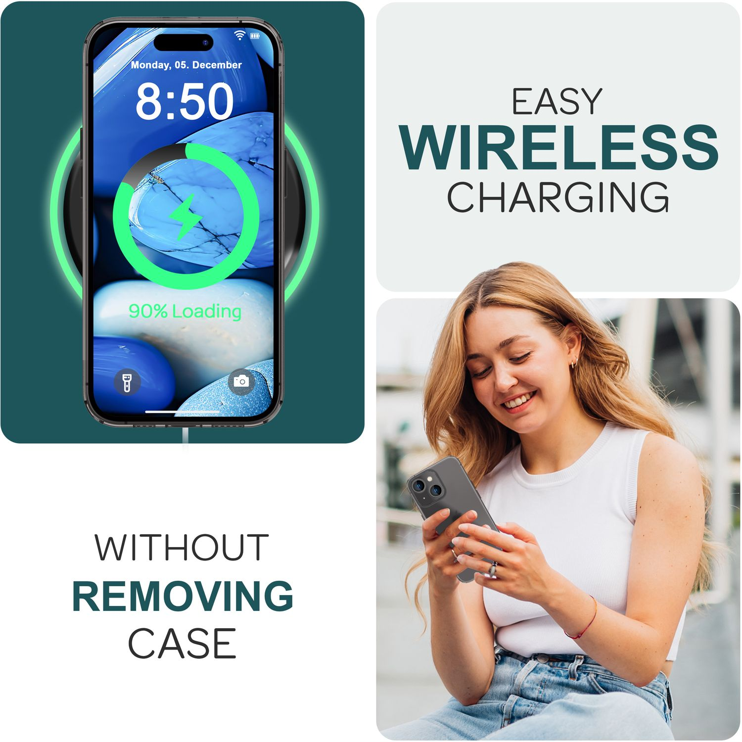 Ein Handy, das drahtlos auf einem Pad geladen wird. Eine Frau hält ein Handy. Text: einfaches kabelloses Laden.