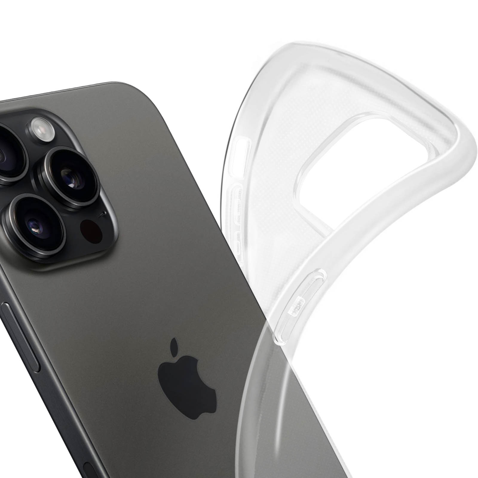 Custodia trasparente per telefono accanto a un telefono scuro. Il telefono ha diverse lenti della fotocamera.